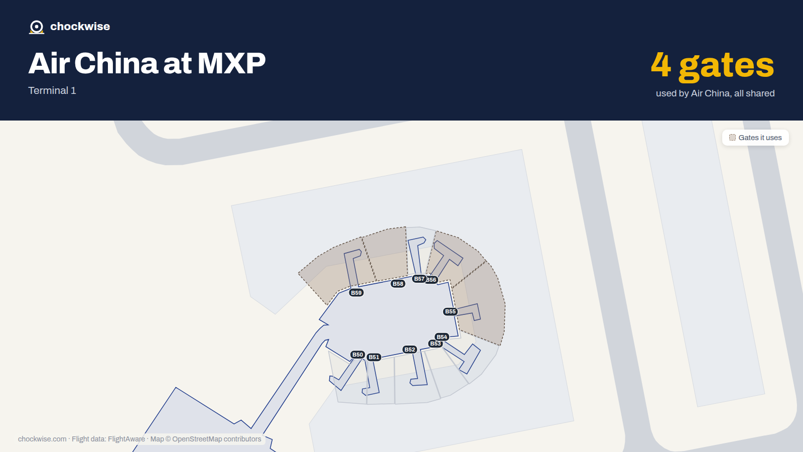 Map of MXP with the gates Air China uses highlighted: B55, B56, B58 and B59.