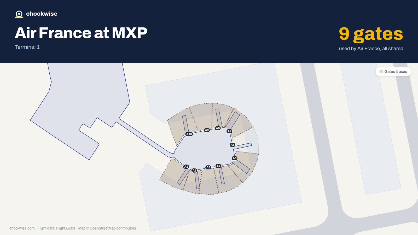 Map of MXP with the gates Air France uses highlighted: A1, A2, A3, A4, A5, A7, A8, A9 and 1 more.
