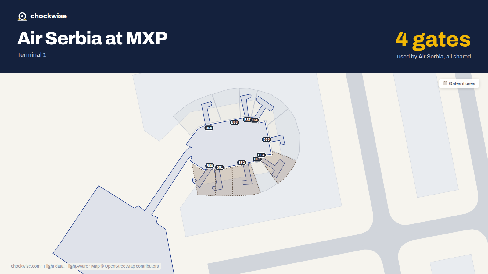 Map of MXP with the gates Air Serbia uses highlighted: B50, B51, B52 and B54.