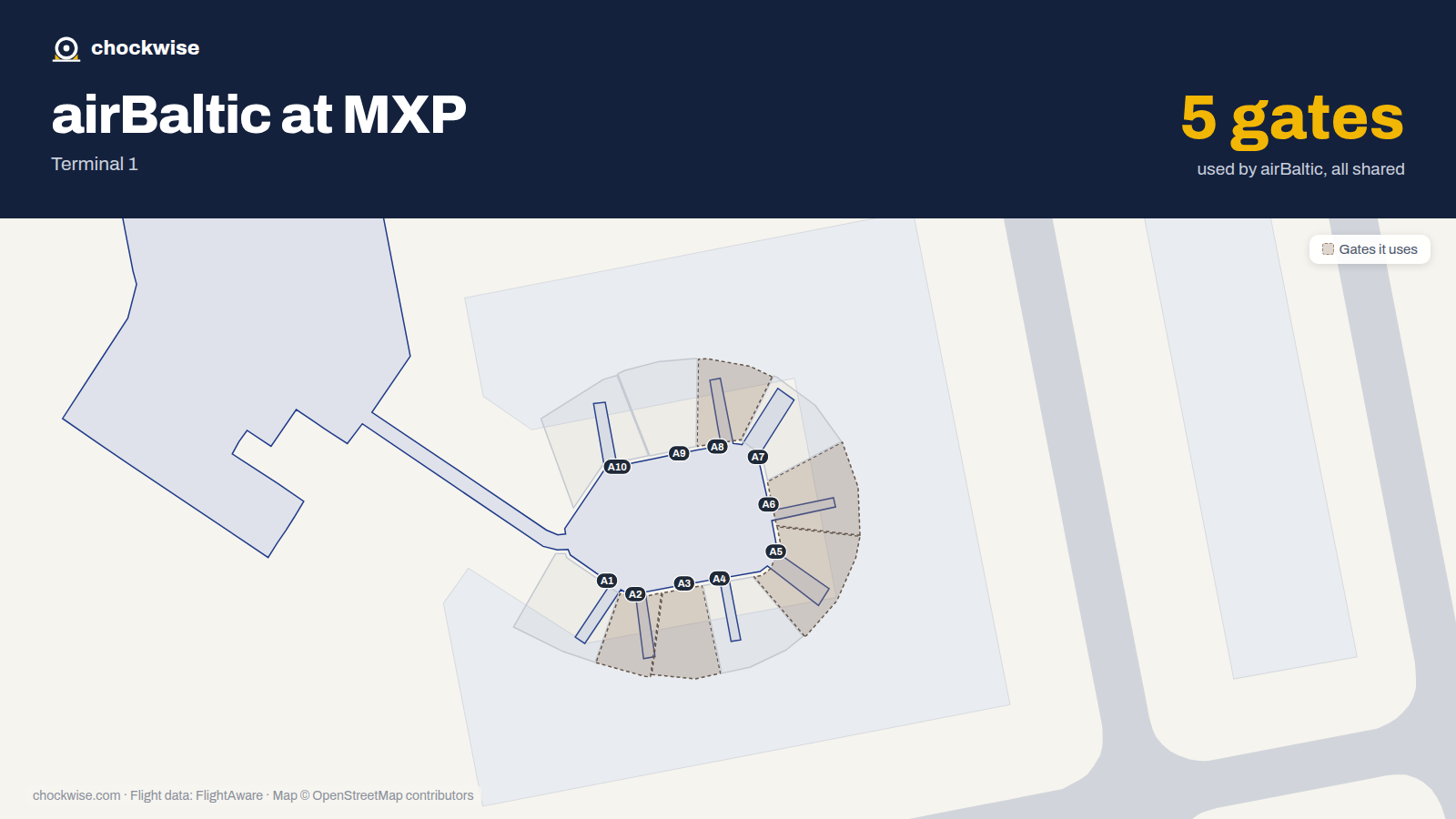 Map of MXP with the gates airBaltic uses highlighted: A2, A3, A5, A6 and A8.