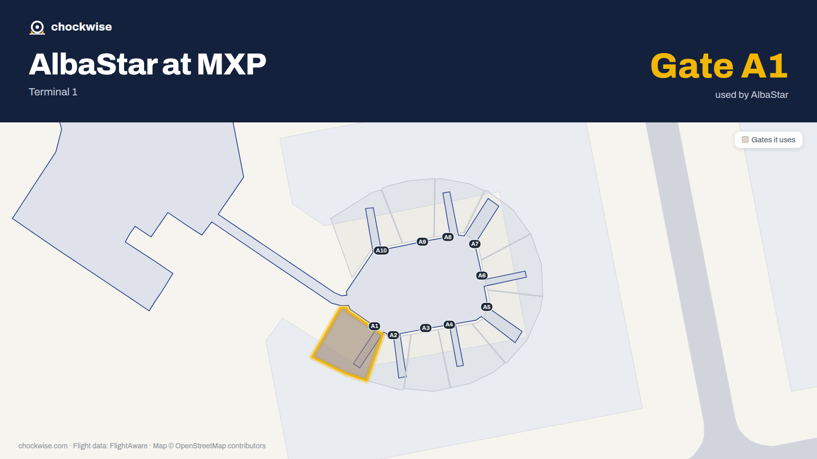 Map of MXP with the gates AlbaStar uses highlighted: A1.
