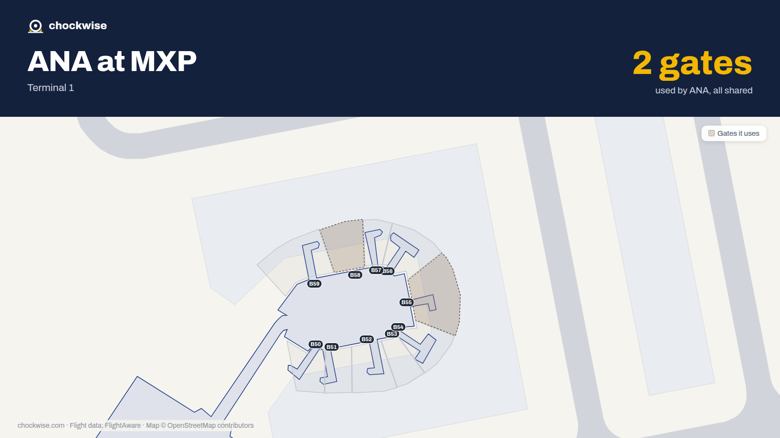 Map of MXP with the gates All Nippon Airways (ANA) uses highlighted: B55 and B58.