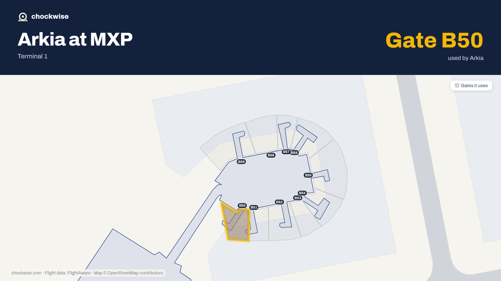 Map of MXP with the gates Arkia Israeli Airlines uses highlighted: B50.
