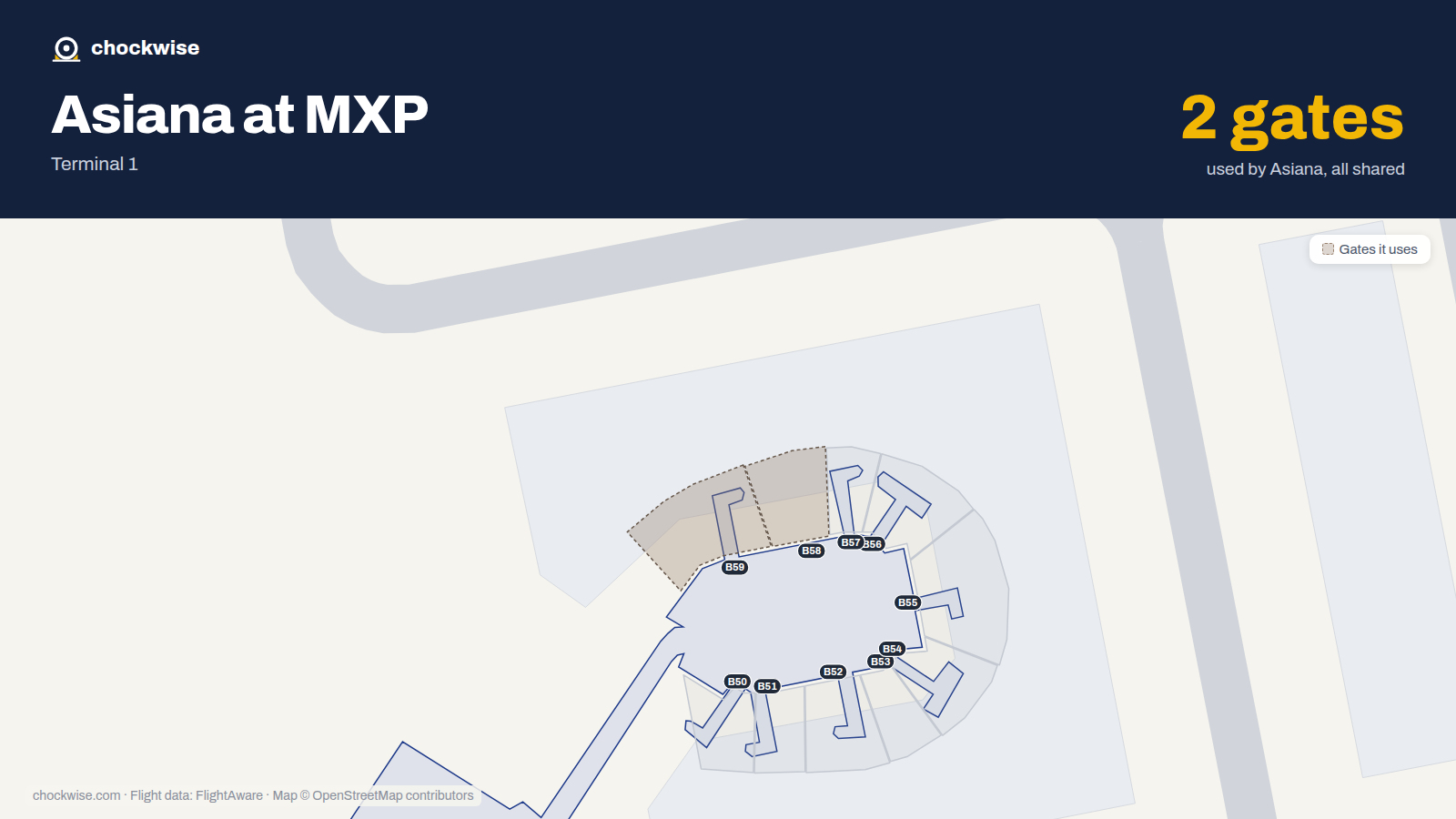 Map of MXP with the gates Asiana Airlines uses highlighted: B58 and B59.
