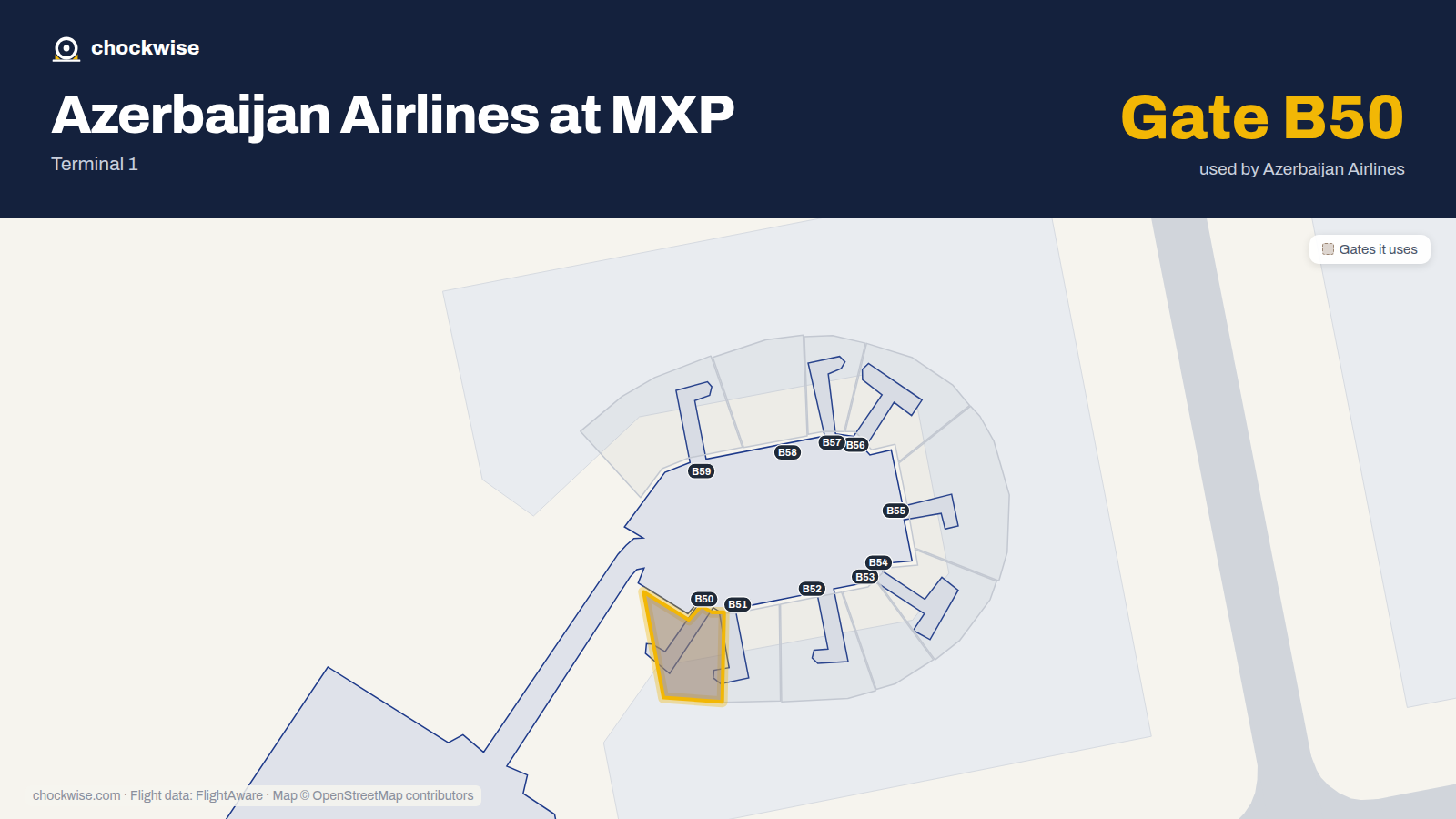Map of MXP with the gates Azerbaijan Airlines uses highlighted: B50.