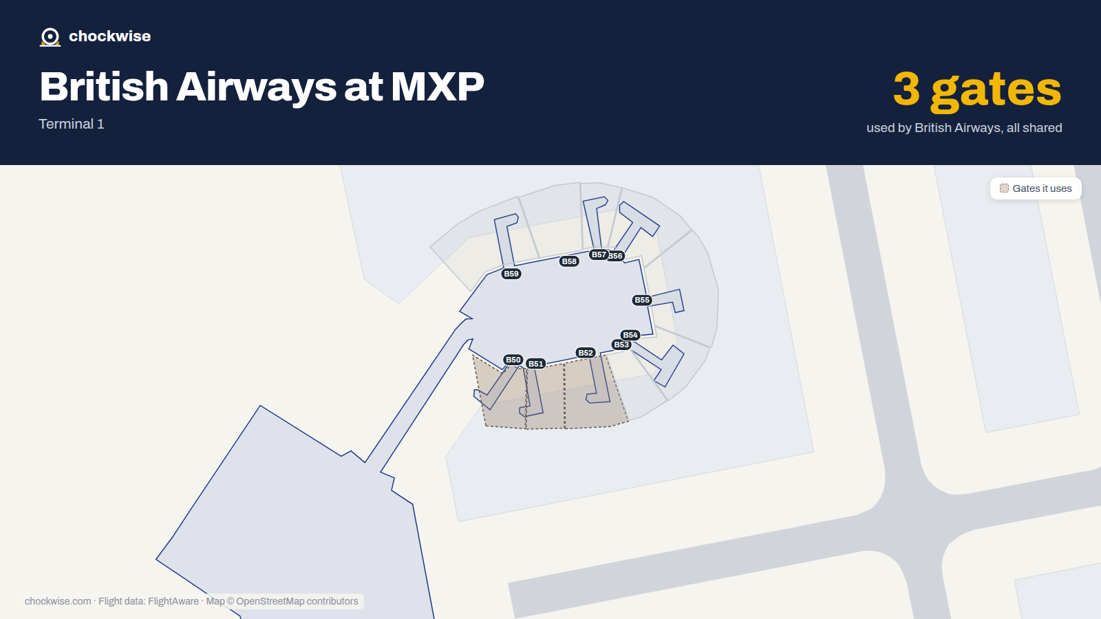 Map of MXP with the gates British Airways uses highlighted: B50, B51 and B52.