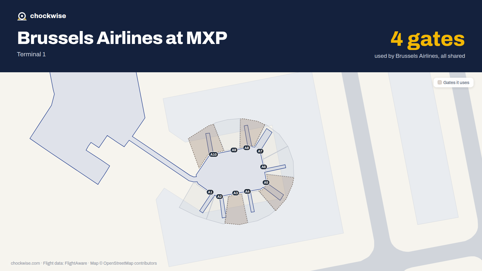 Map of MXP with the gates Brussels Airlines uses highlighted: A3, A5, A8 and A10.