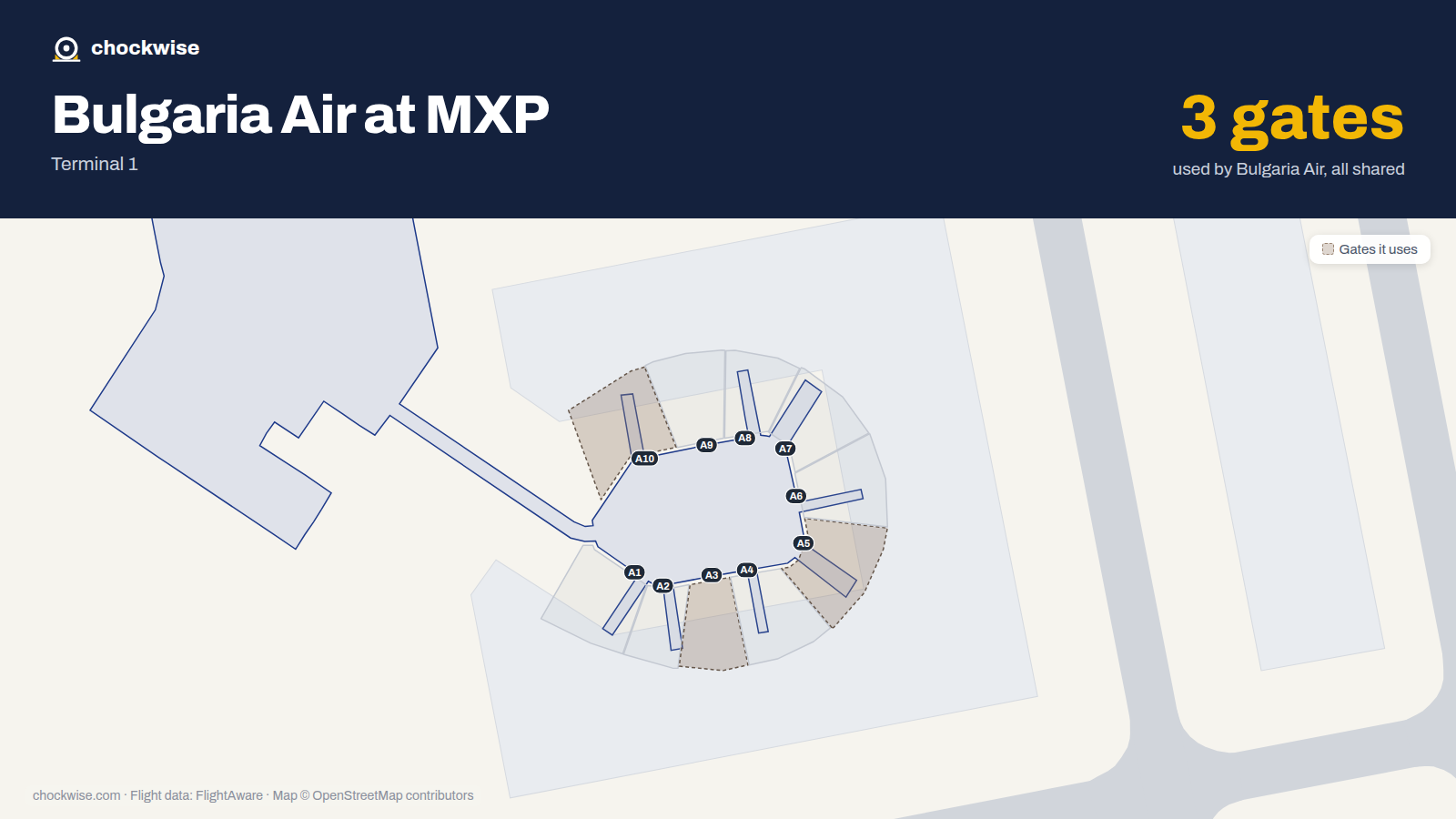 Map of MXP with the gates Bulgaria Air uses highlighted: A3, A5 and A10.