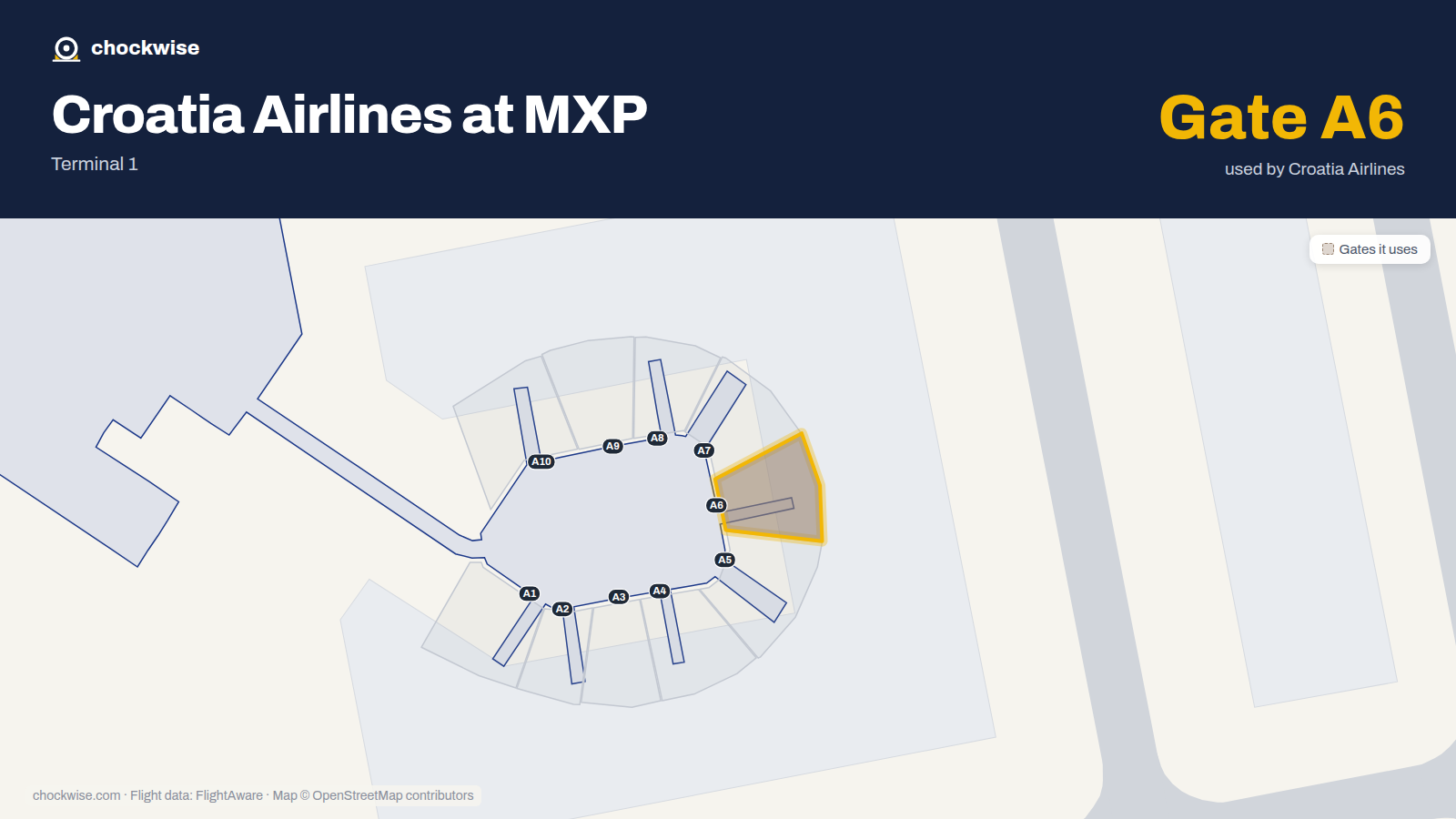 Map of MXP with the gates Croatia Airlines uses highlighted: A6.