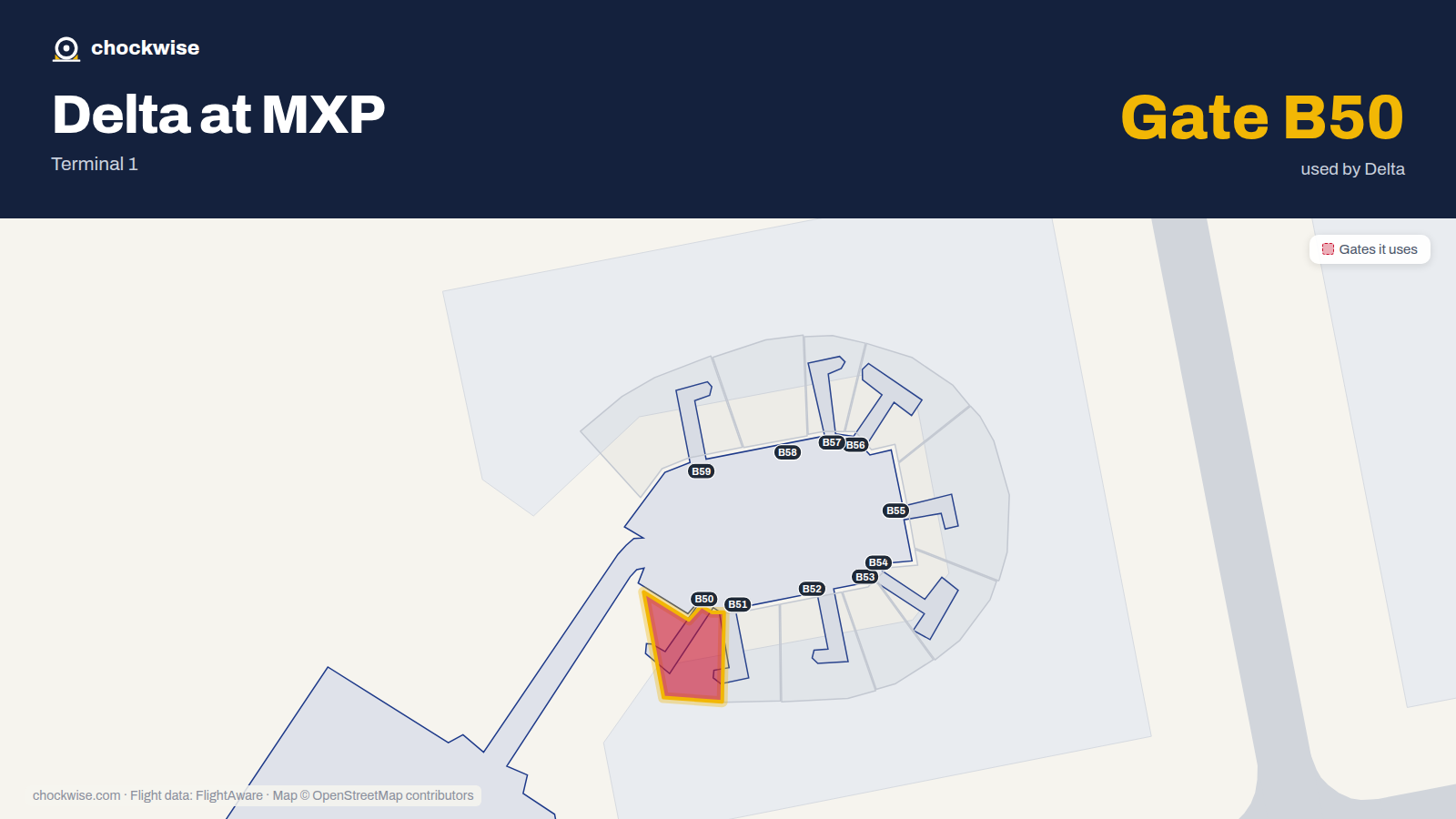 Map of MXP with the gates Delta Air Lines uses highlighted: B50.
