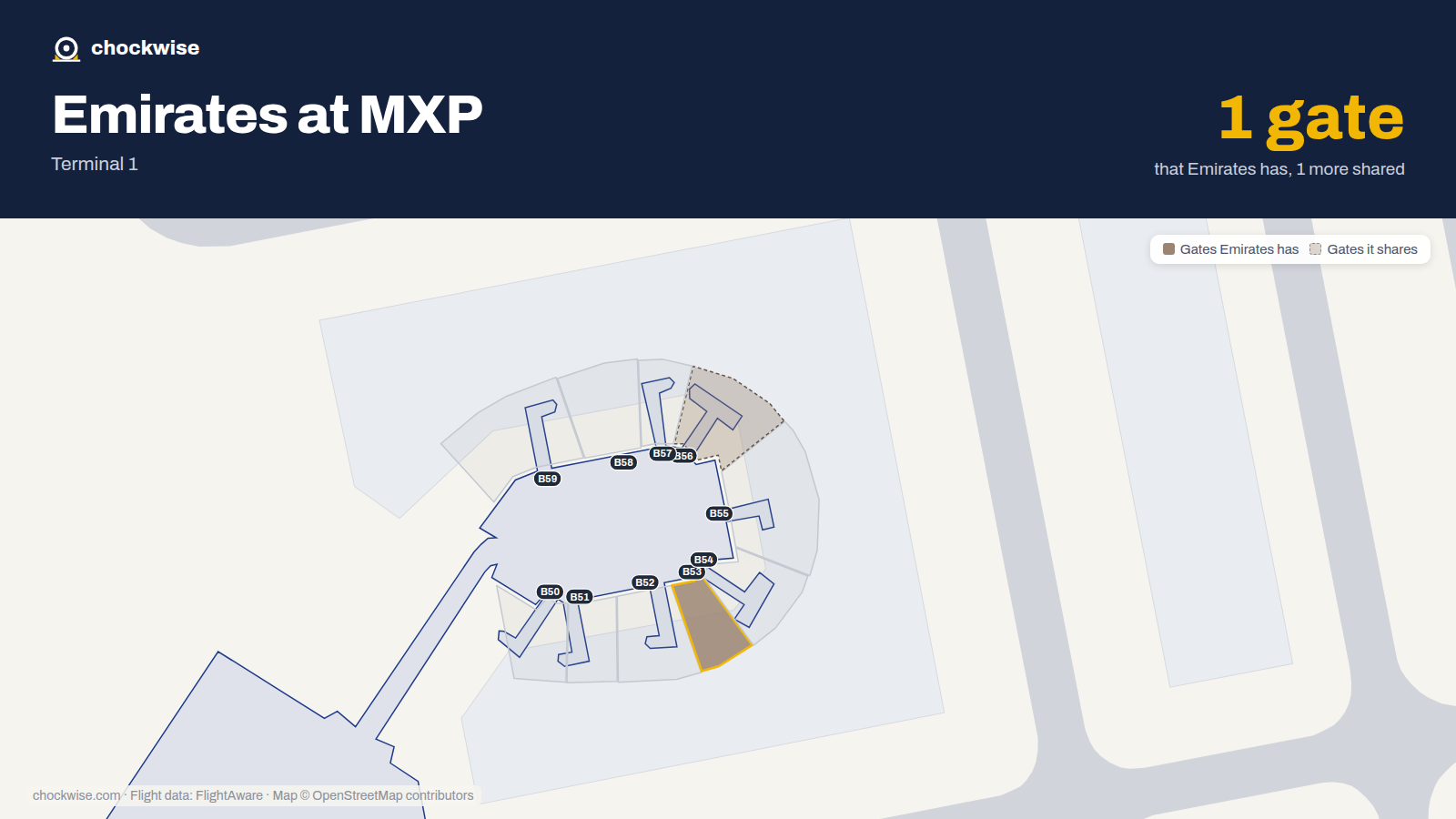 Map of MXP with the gates Emirates uses highlighted: B53.