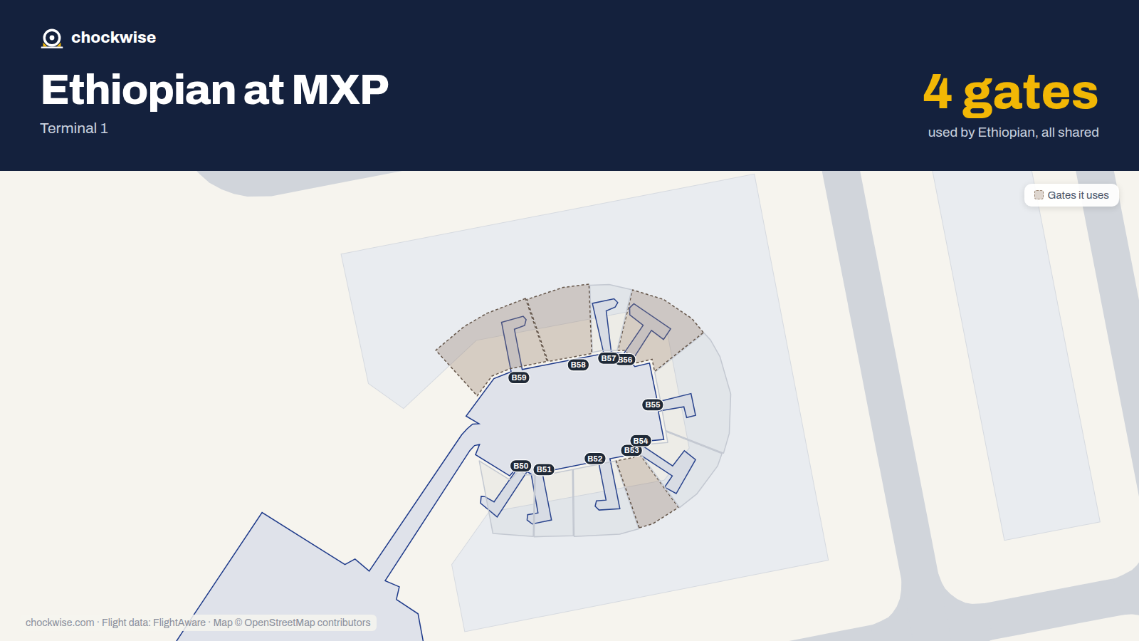 Map of MXP with the gates Ethiopian Airlines uses highlighted: B53, B56, B58 and B59.