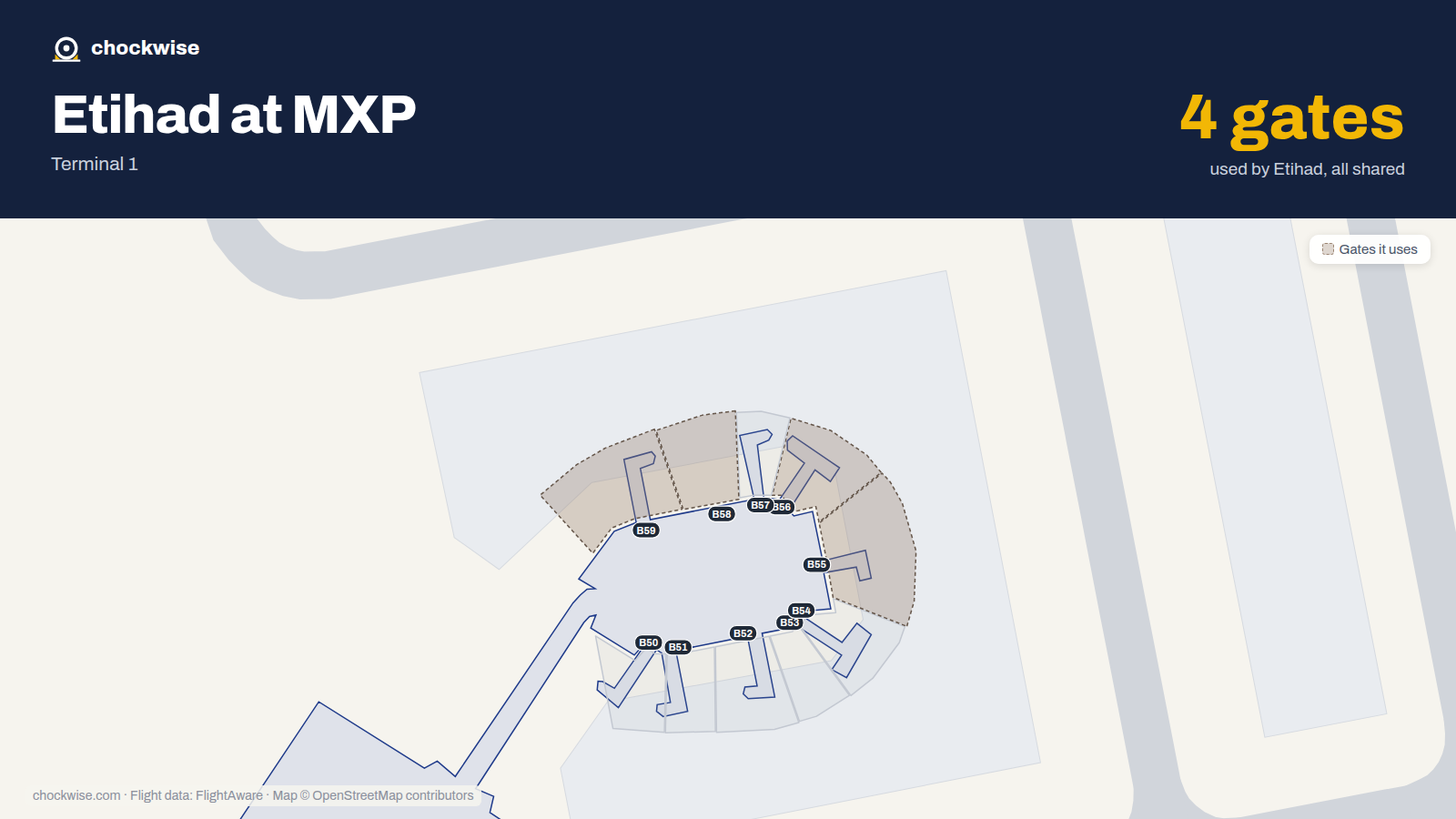 Map of MXP with the gates Etihad Airways uses highlighted: B55, B56, B58 and B59.