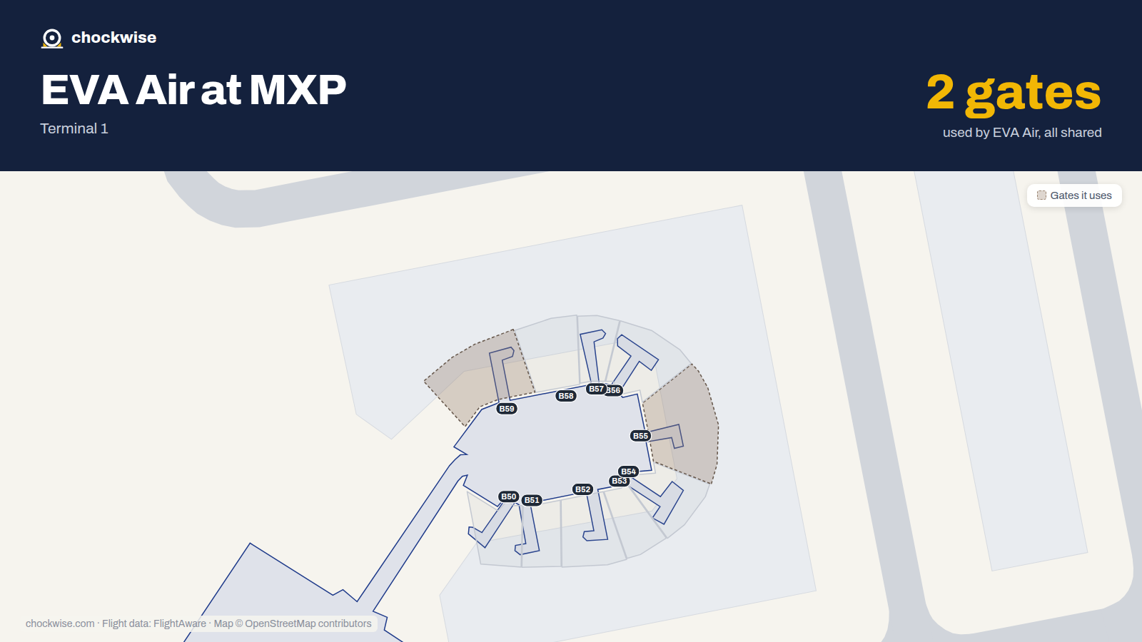 Map of MXP with the gates EVA Air uses highlighted: B55 and B59.