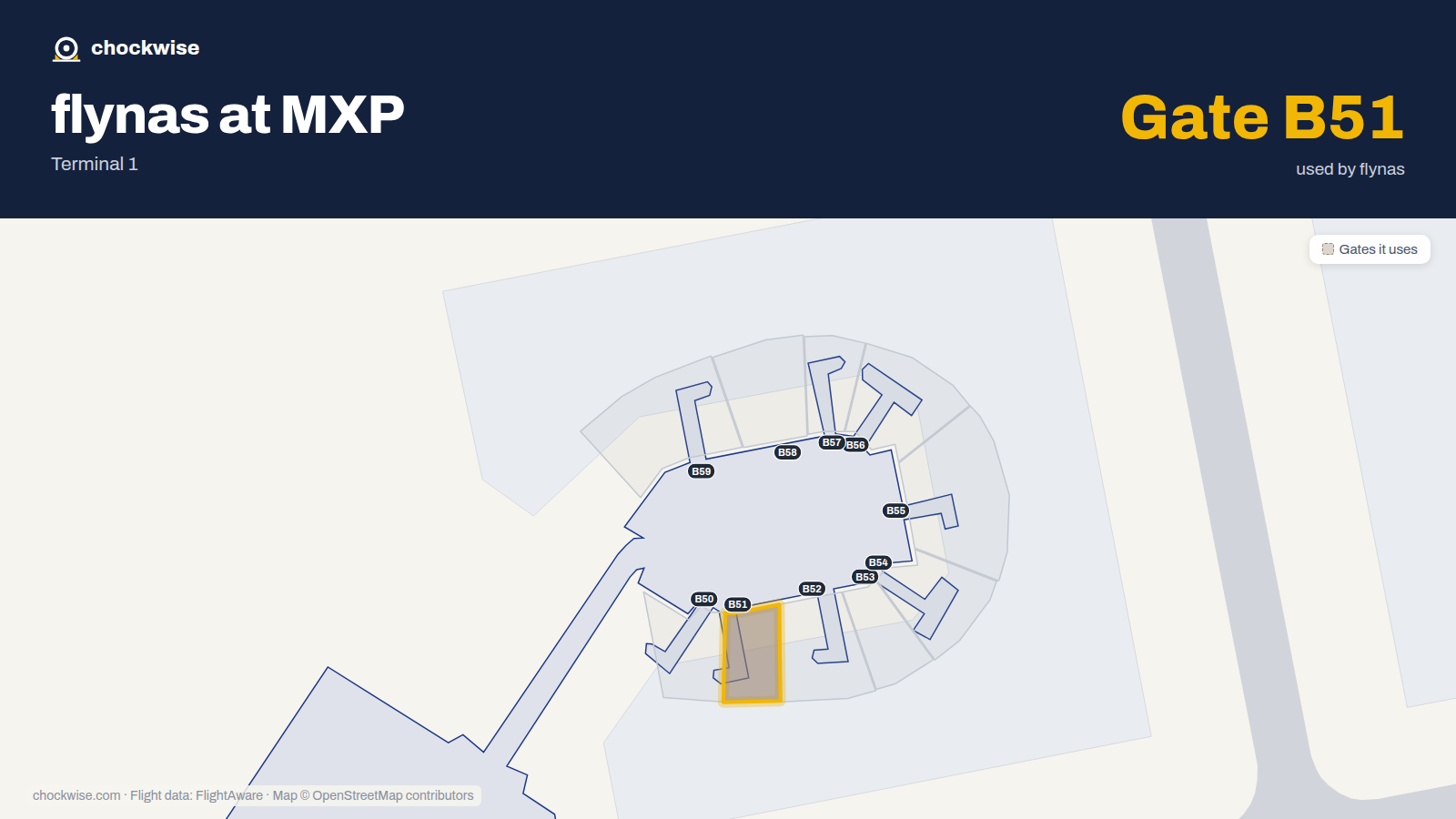 Map of MXP with the gates flynas uses highlighted: B51.