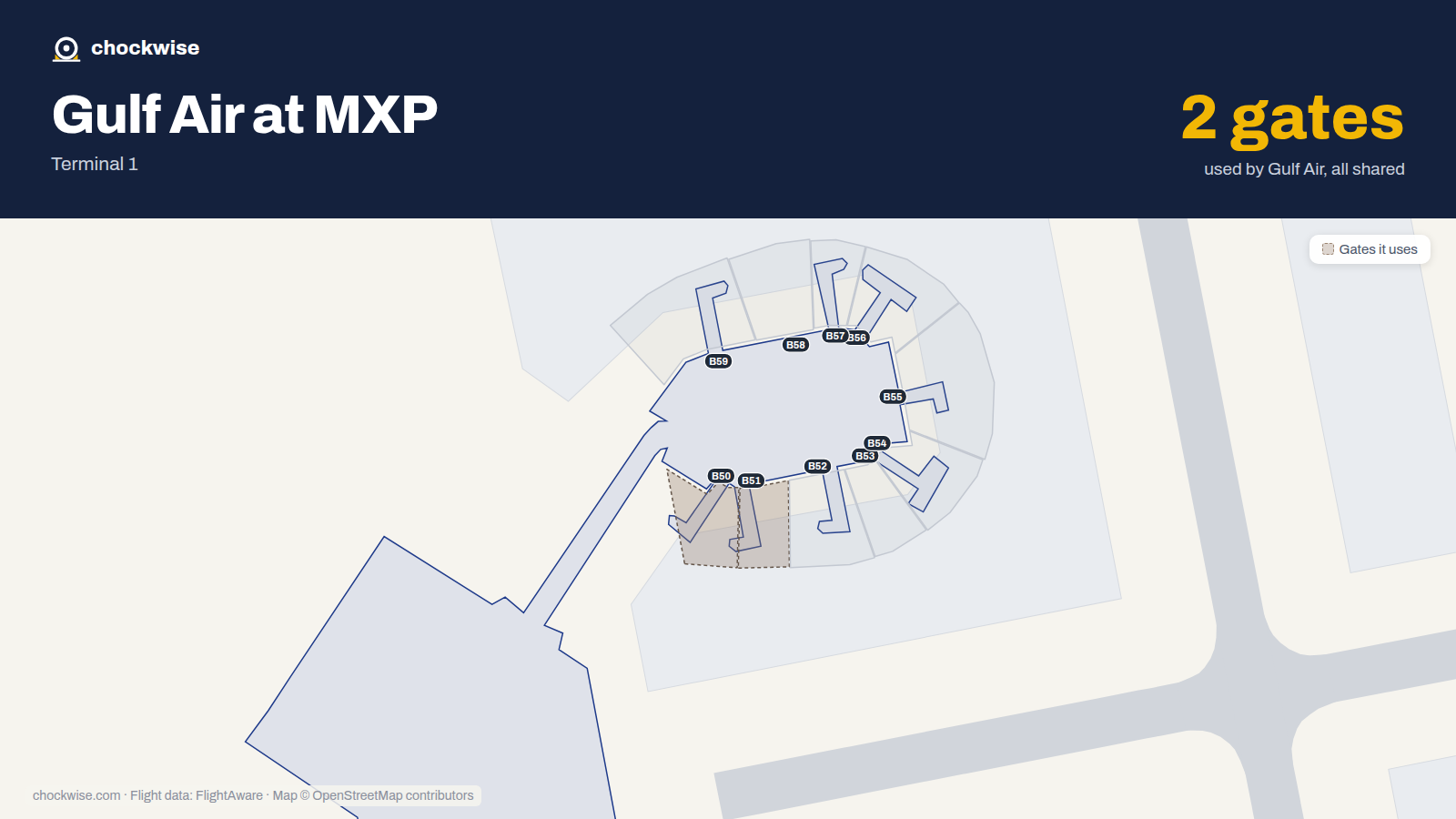 Map of MXP with the gates Gulf Air uses highlighted: B50 and B51.