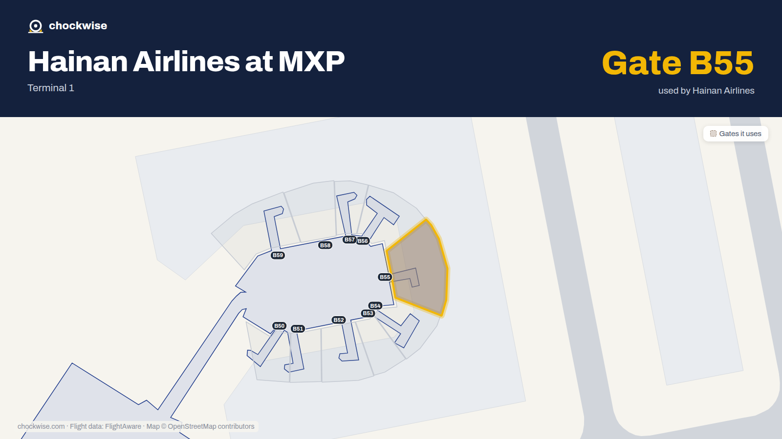 Map of MXP with the gates Hainan Airlines uses highlighted: B55.