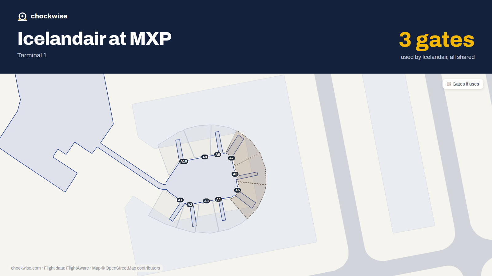 Map of MXP with the gates Icelandair uses highlighted: A5, A6 and A7.