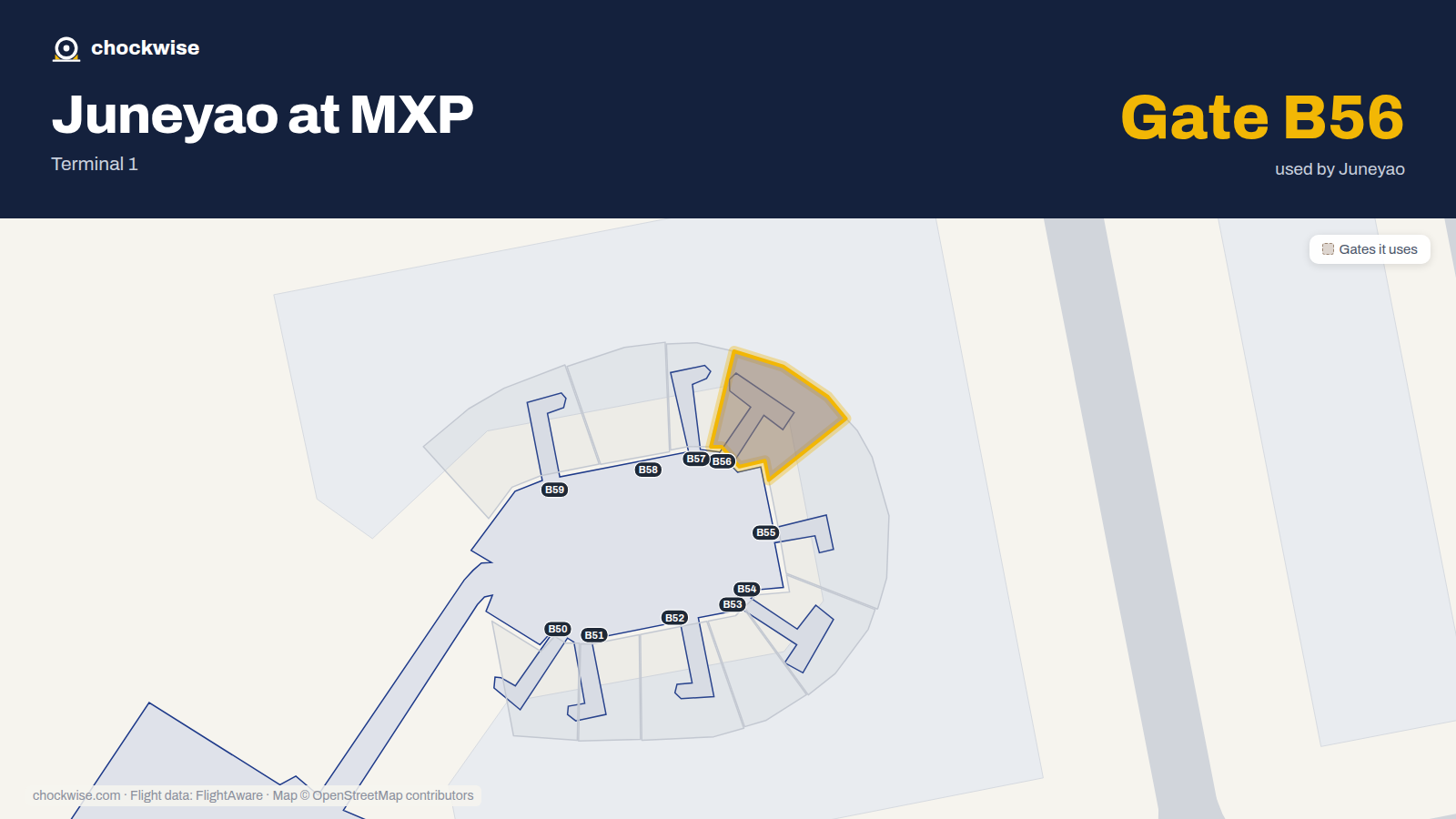 Map of MXP with the gates Juneyao Airlines uses highlighted: B56.