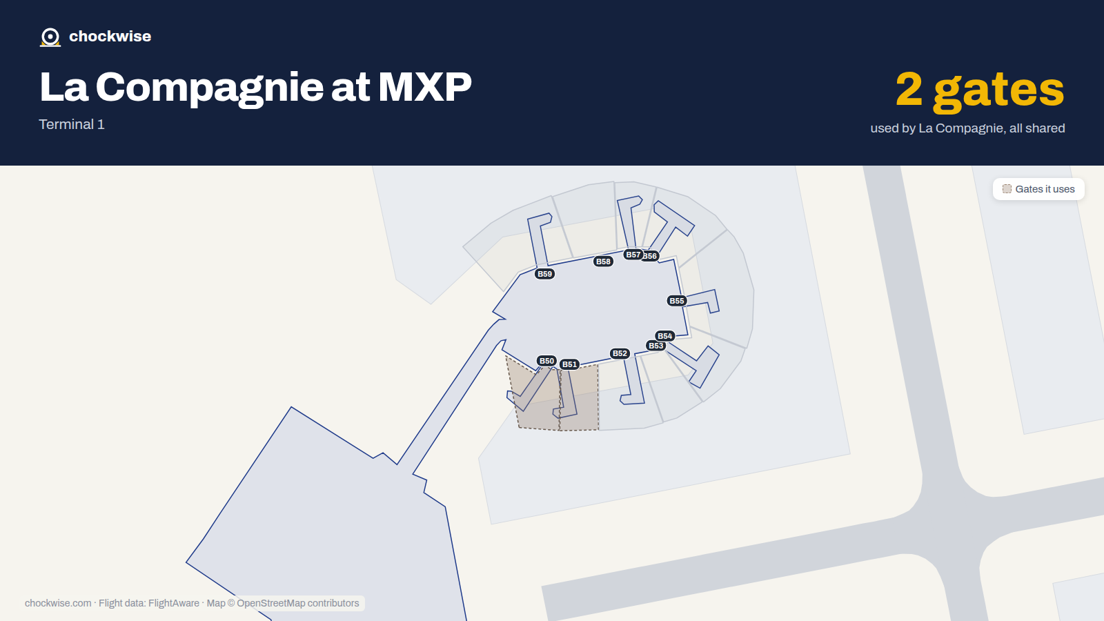 Map of MXP with the gates La Compagnie uses highlighted: B50 and B51.