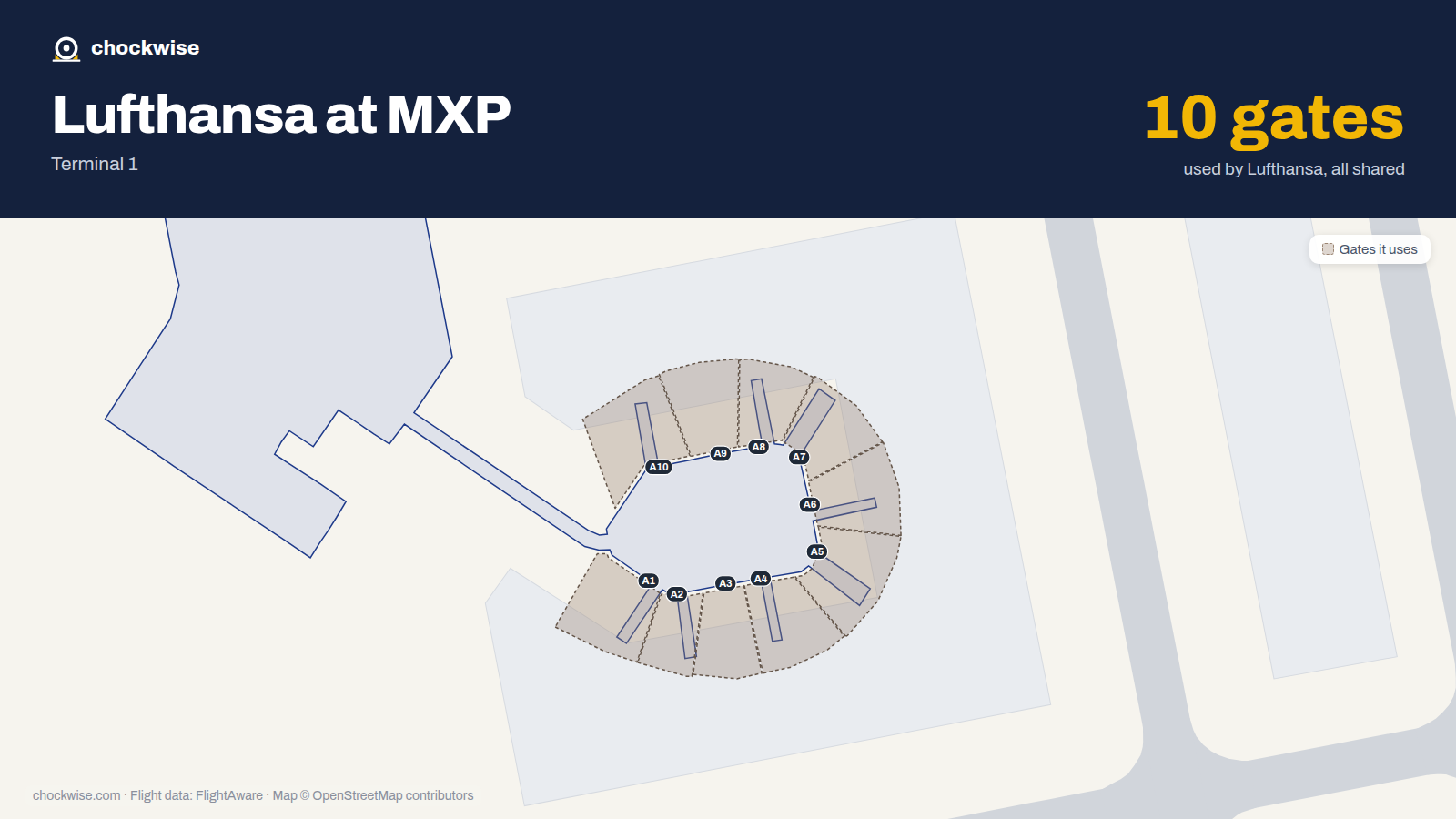 Map of MXP with the gates Lufthansa uses highlighted: A1, A2, A3, A4, A5, A6, A7, A8 and 2 more.