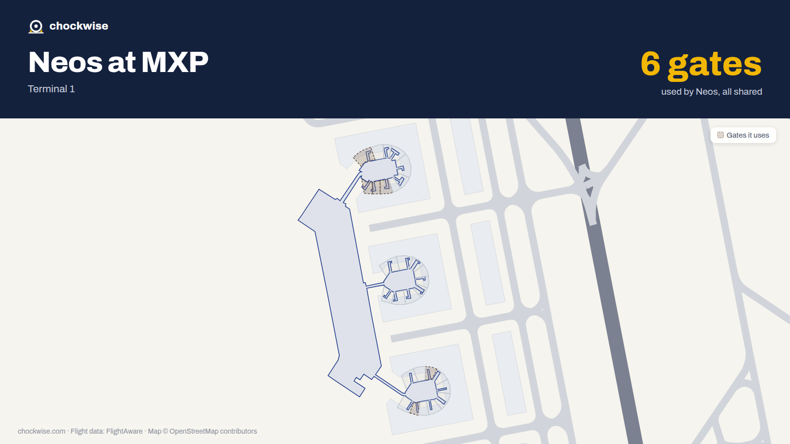 Map of MXP with the gates Neos uses highlighted: A2, A8, B50, B51, B52 and B59.