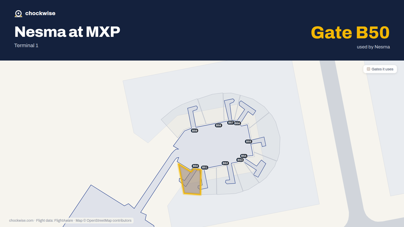 Map of MXP with the gates Nesma Airlines uses highlighted: B50.