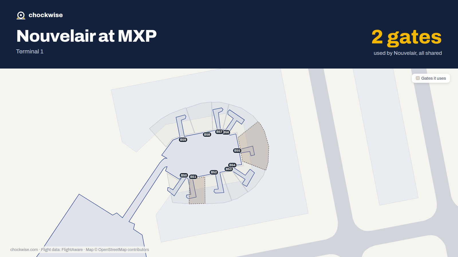 Map of MXP with the gates Nouvelair uses highlighted: B51 and B55.