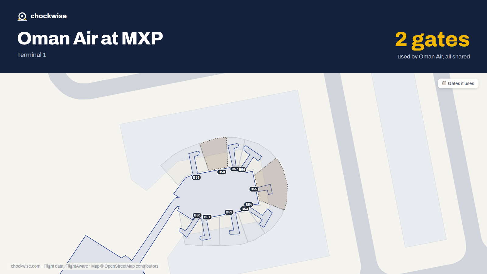 Map of MXP with the gates Oman Air uses highlighted: B55 and B58.