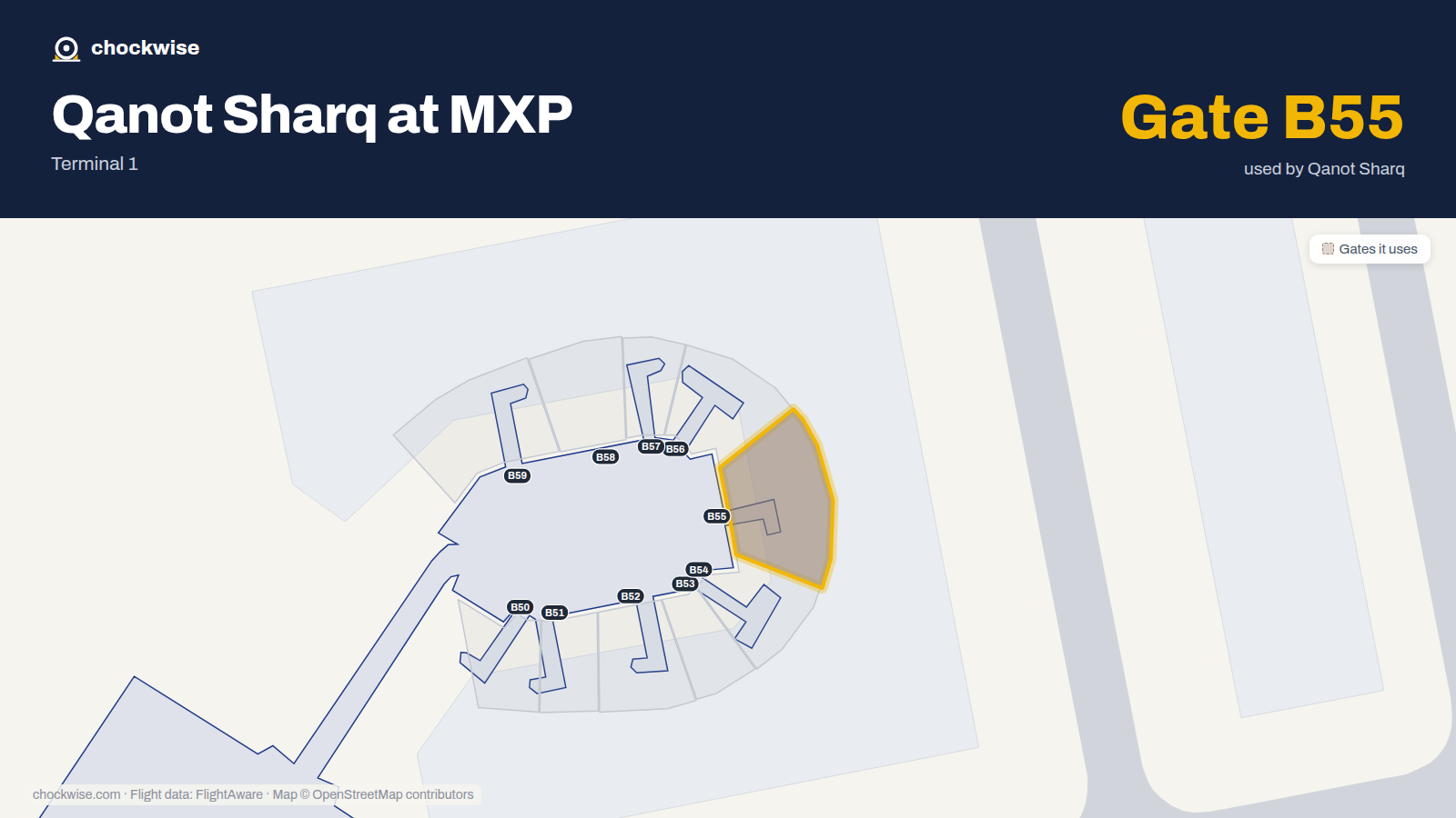 Map of MXP with the gates Qanot Sharq uses highlighted: B55.