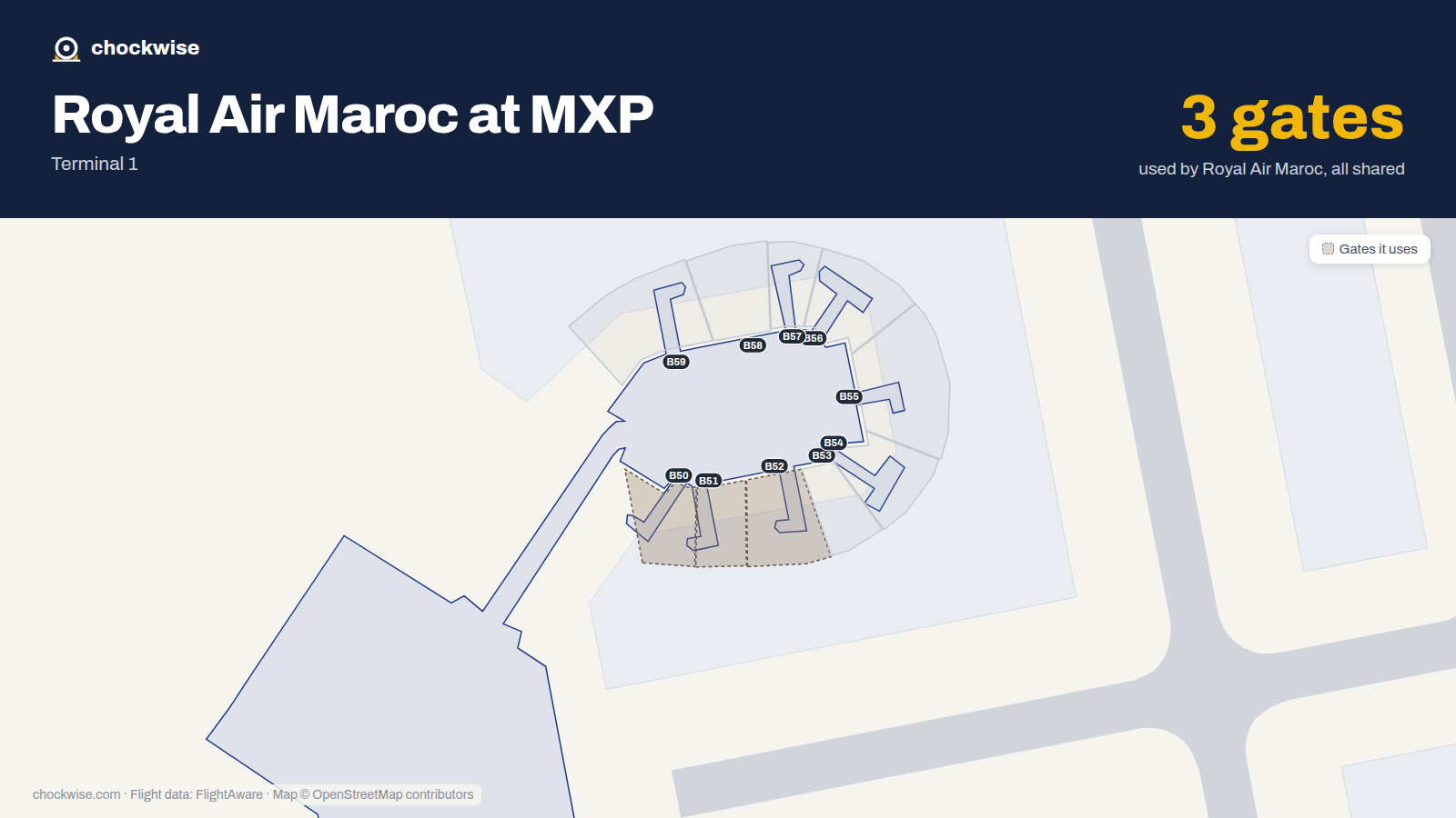 Map of MXP with the gates Royal Air Maroc uses highlighted: B50, B51 and B52.