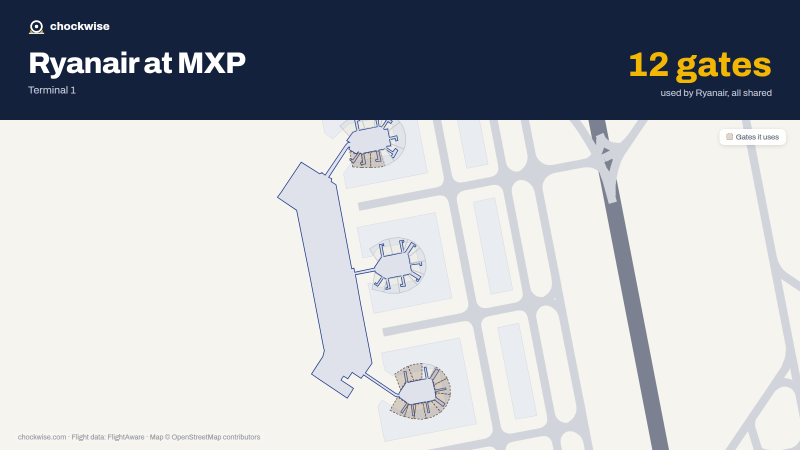 Map of MXP with the gates Ryanair uses highlighted: A1, A2, A3, A4, A5, A6, A7, A9 and 4 more.
