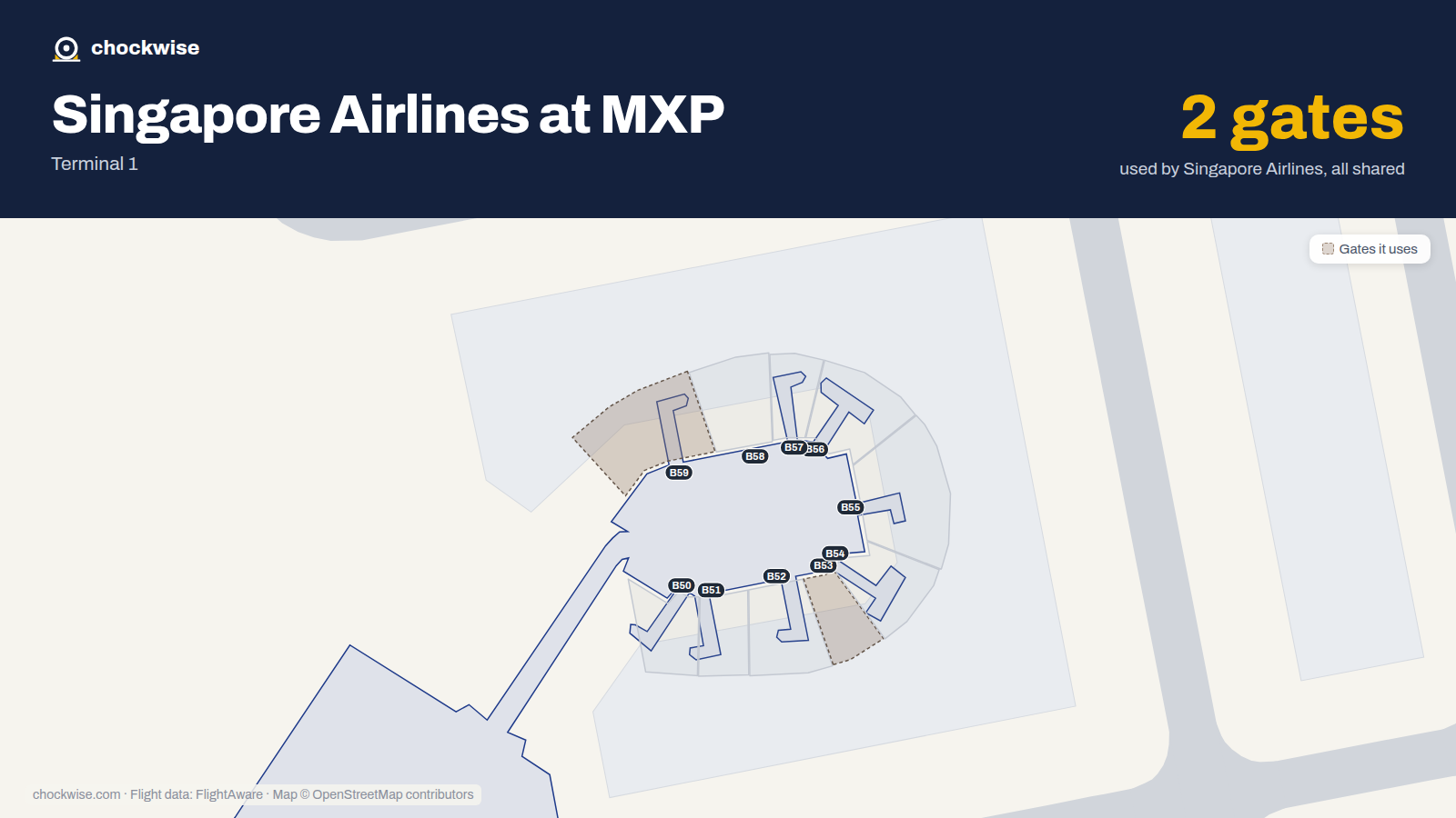 Map of MXP with the gates Singapore Airlines uses highlighted: B53 and B59.