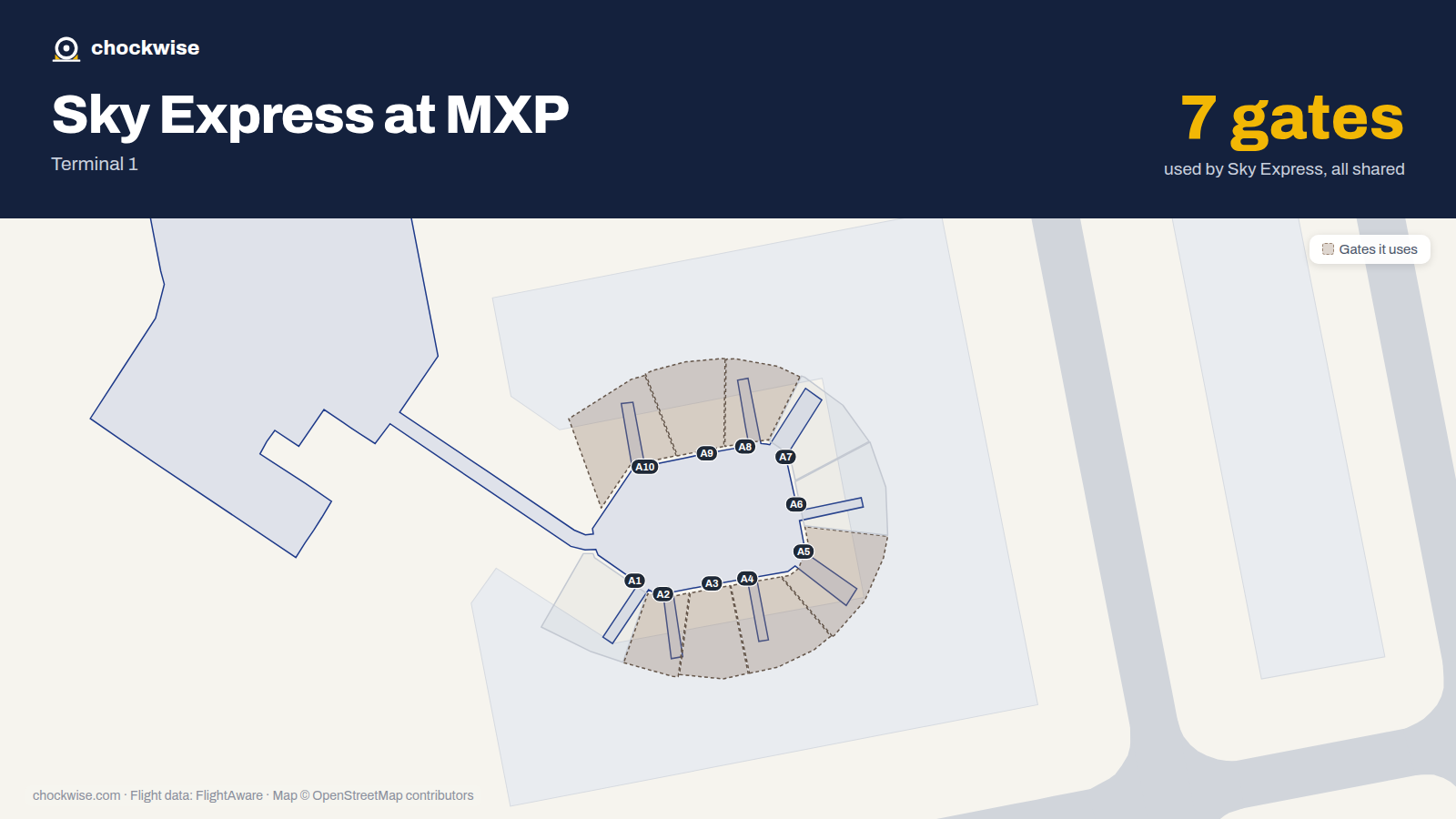 Map of MXP with the gates Sky Express uses highlighted: A2, A3, A4, A5, A8, A9 and A10.