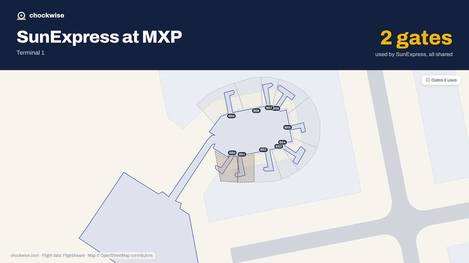 Map of MXP with the gates SunExpress uses highlighted: B50 and B51.