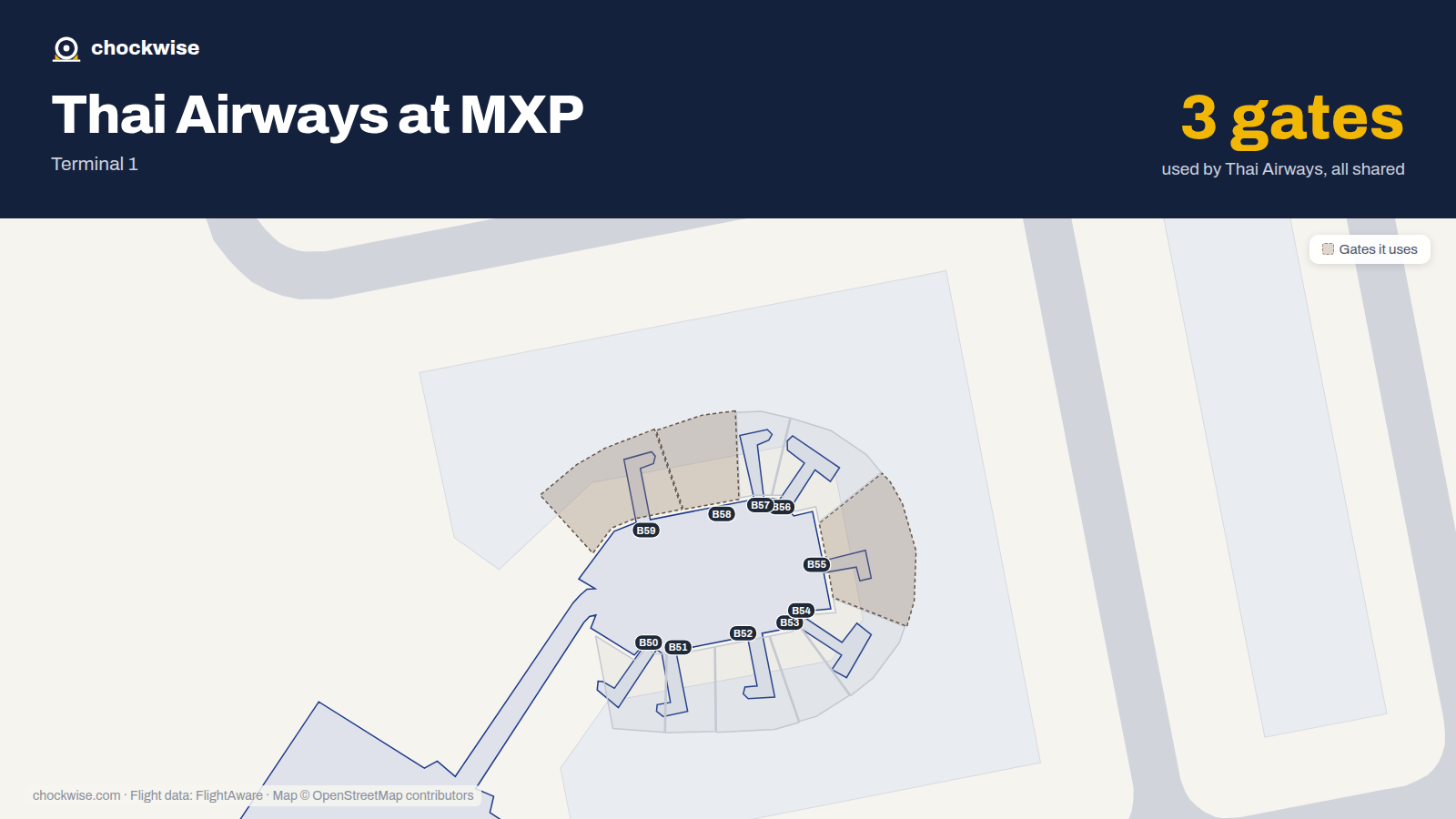 Map of MXP with the gates Thai Airways uses highlighted: B55, B58 and B59.