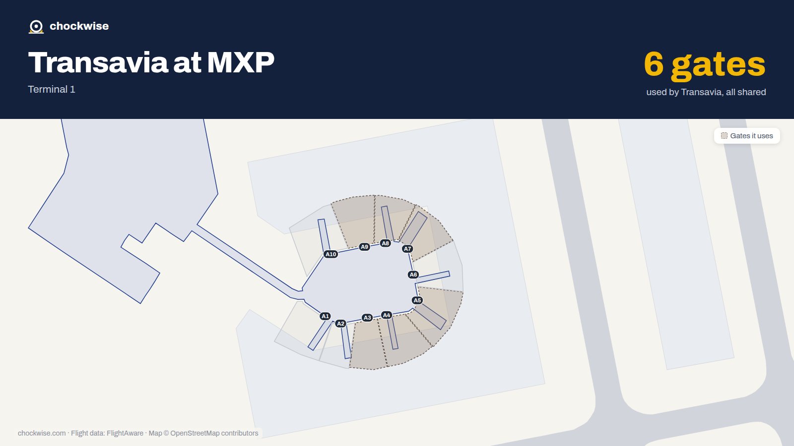 Map of MXP with the gates Transavia France uses highlighted: A3, A4, A5, A7, A8 and A9.