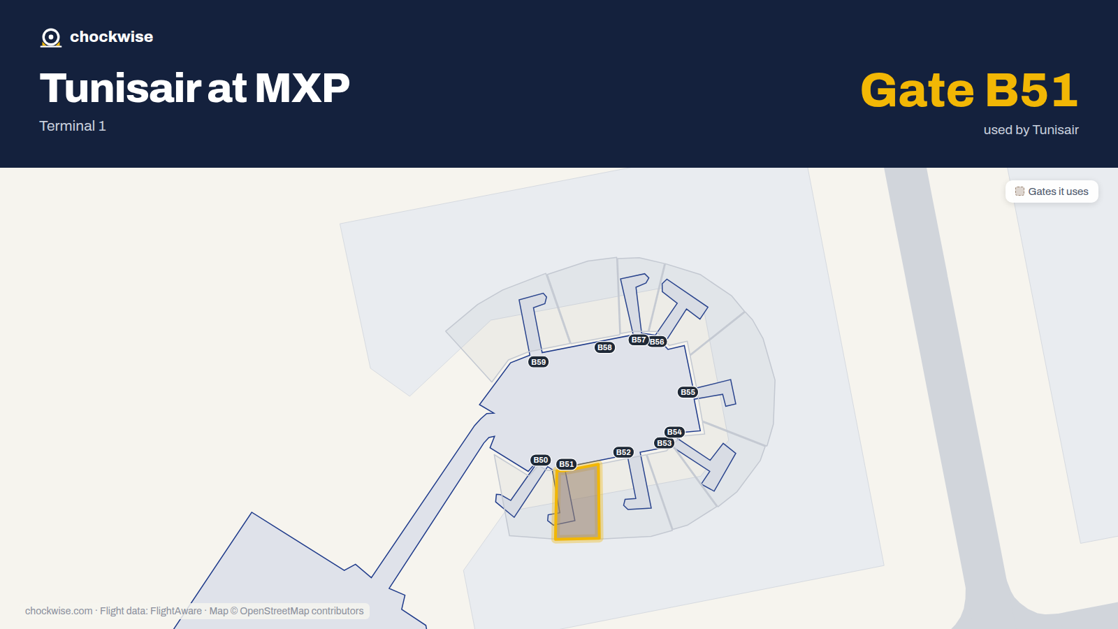 Map of MXP with the gates Tunisair uses highlighted: B51.