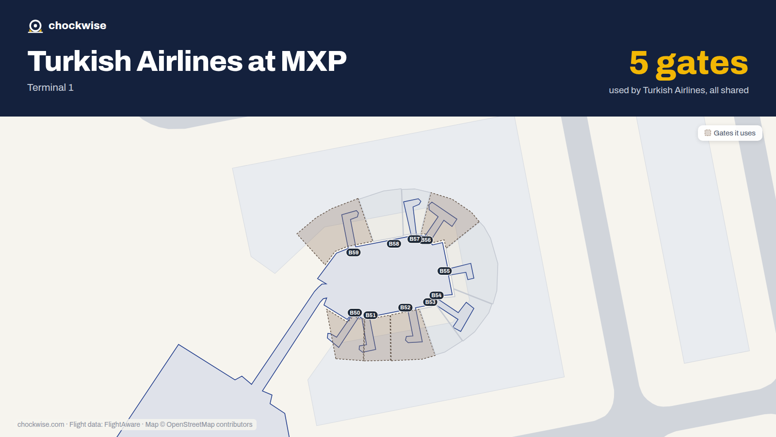 Map of MXP with the gates Turkish Airlines uses highlighted: B50, B51, B52, B56 and B59.