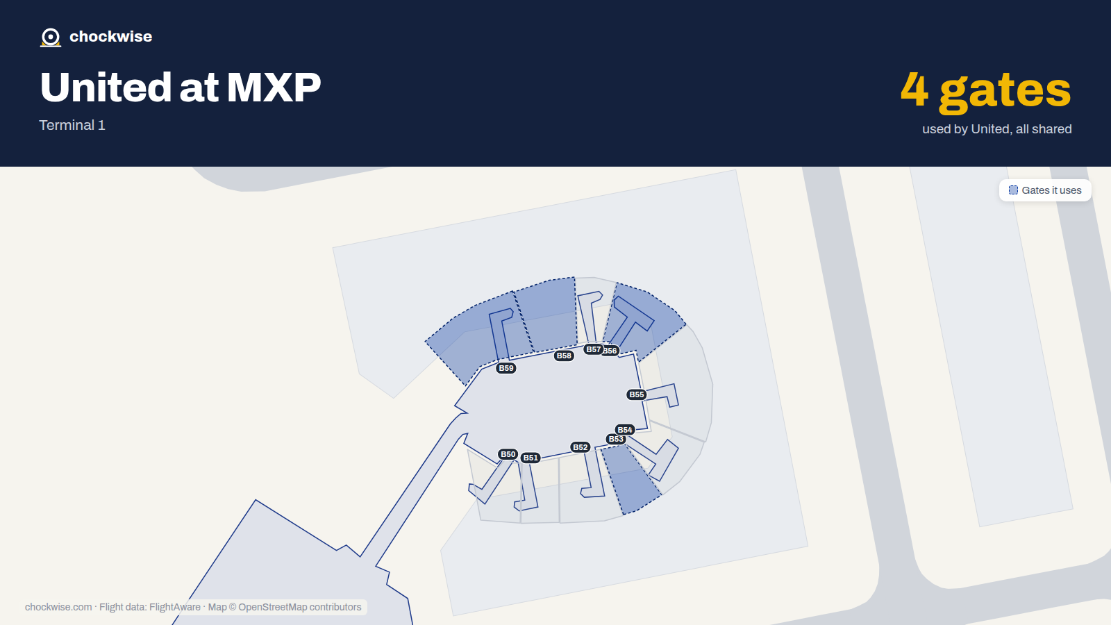Map of MXP with the gates United Airlines uses highlighted: B53, B56, B58 and B59.