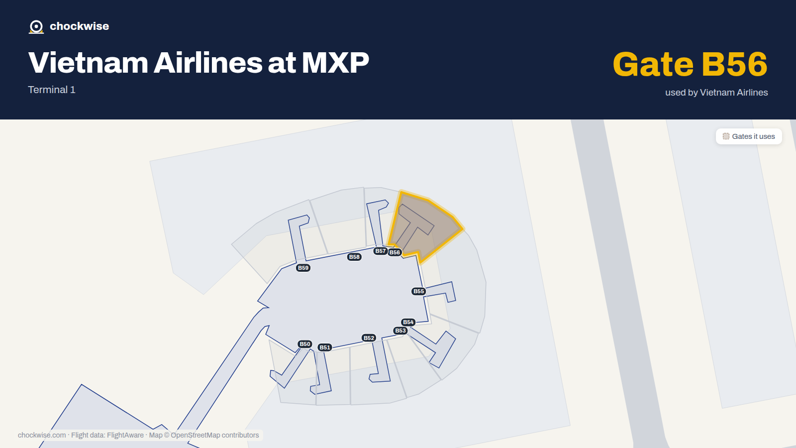 Map of MXP with the gates Vietnam Airlines uses highlighted: B56.