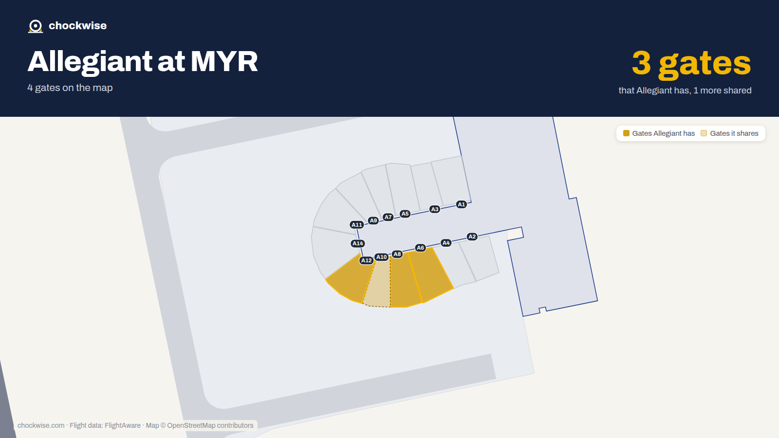 Map of MYR with the gates Allegiant Air uses highlighted: A6, A8 and A12.