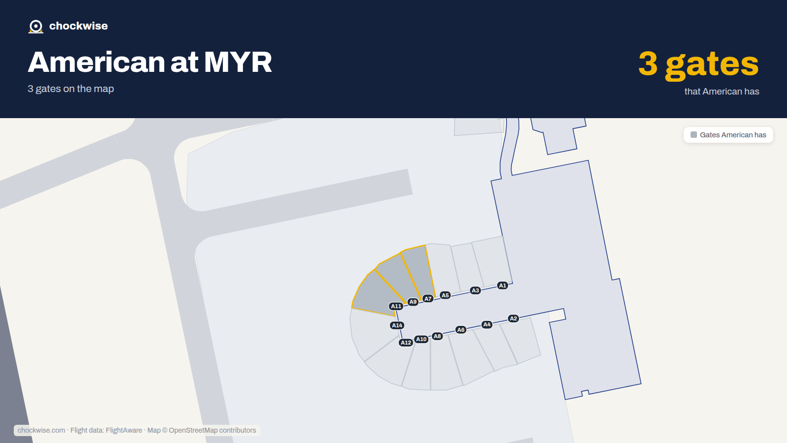 Map of MYR with the gates American Airlines uses highlighted: A7, A9 and A11.