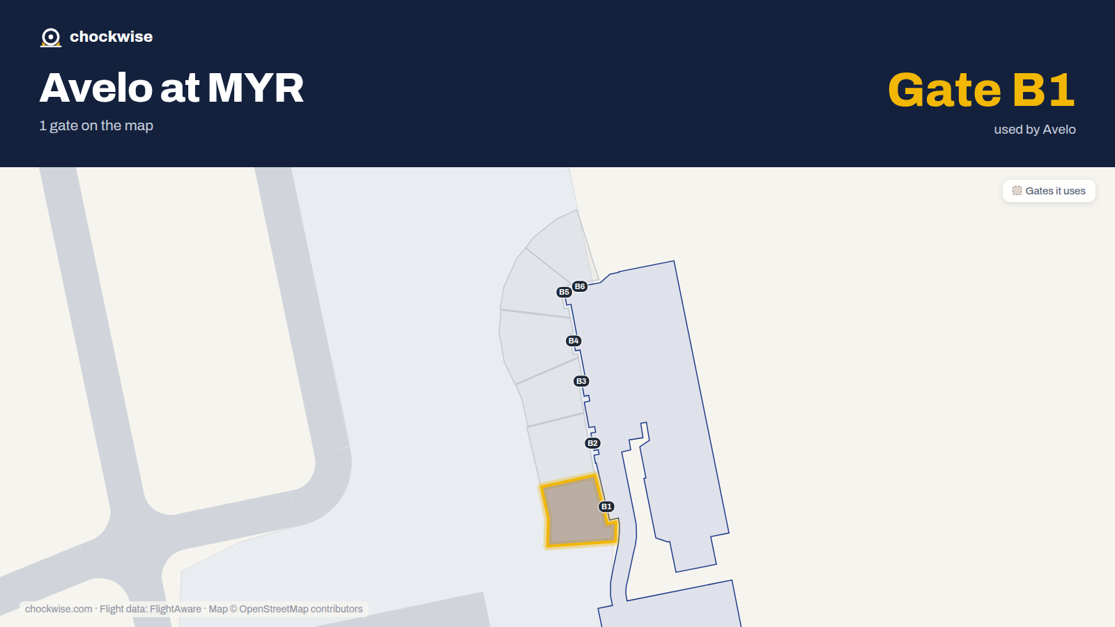 Map of MYR with the gates Avelo Airlines uses highlighted: B1.