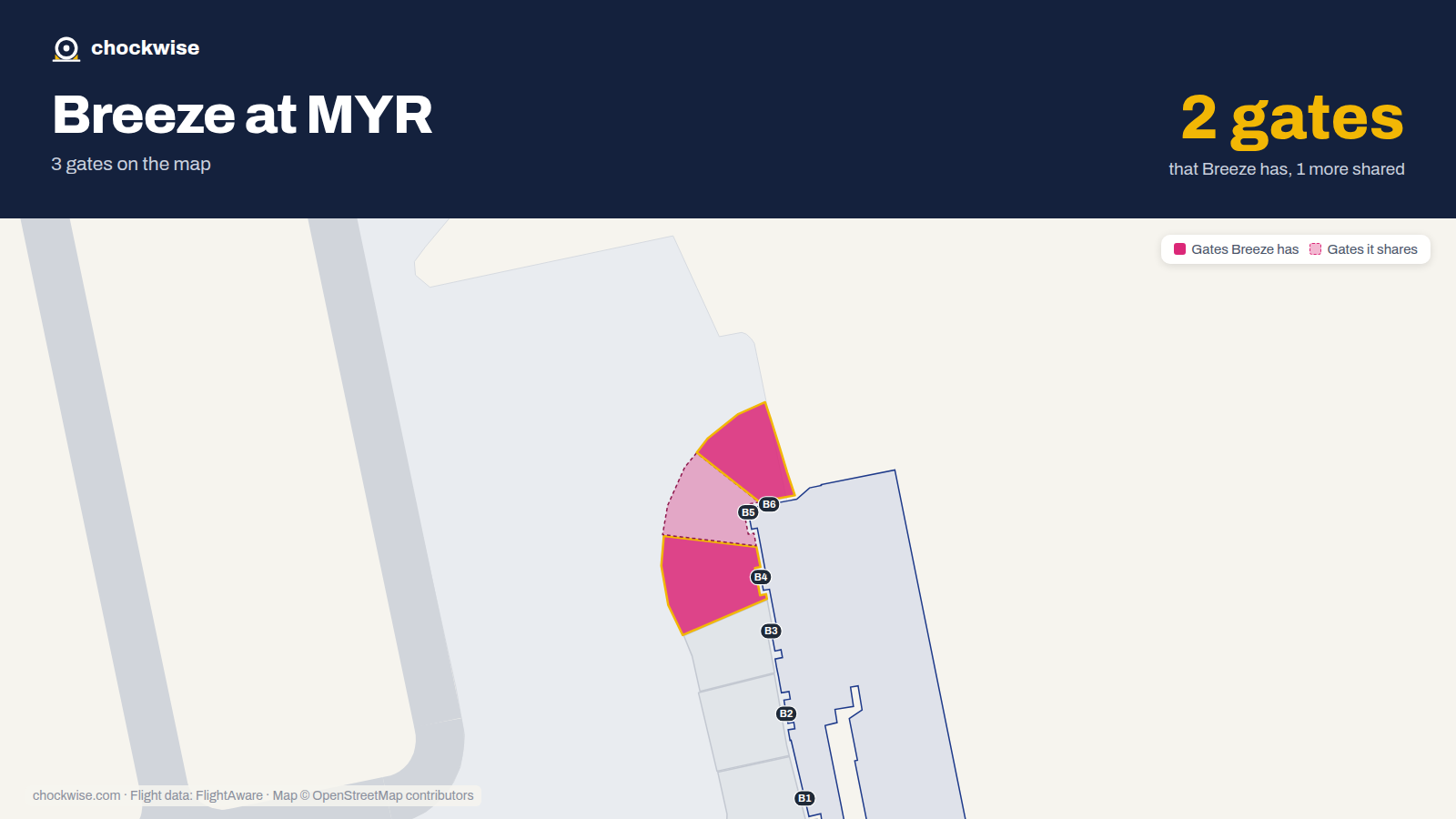 Map of MYR with the gates Breeze Airways uses highlighted: B4 and B6.