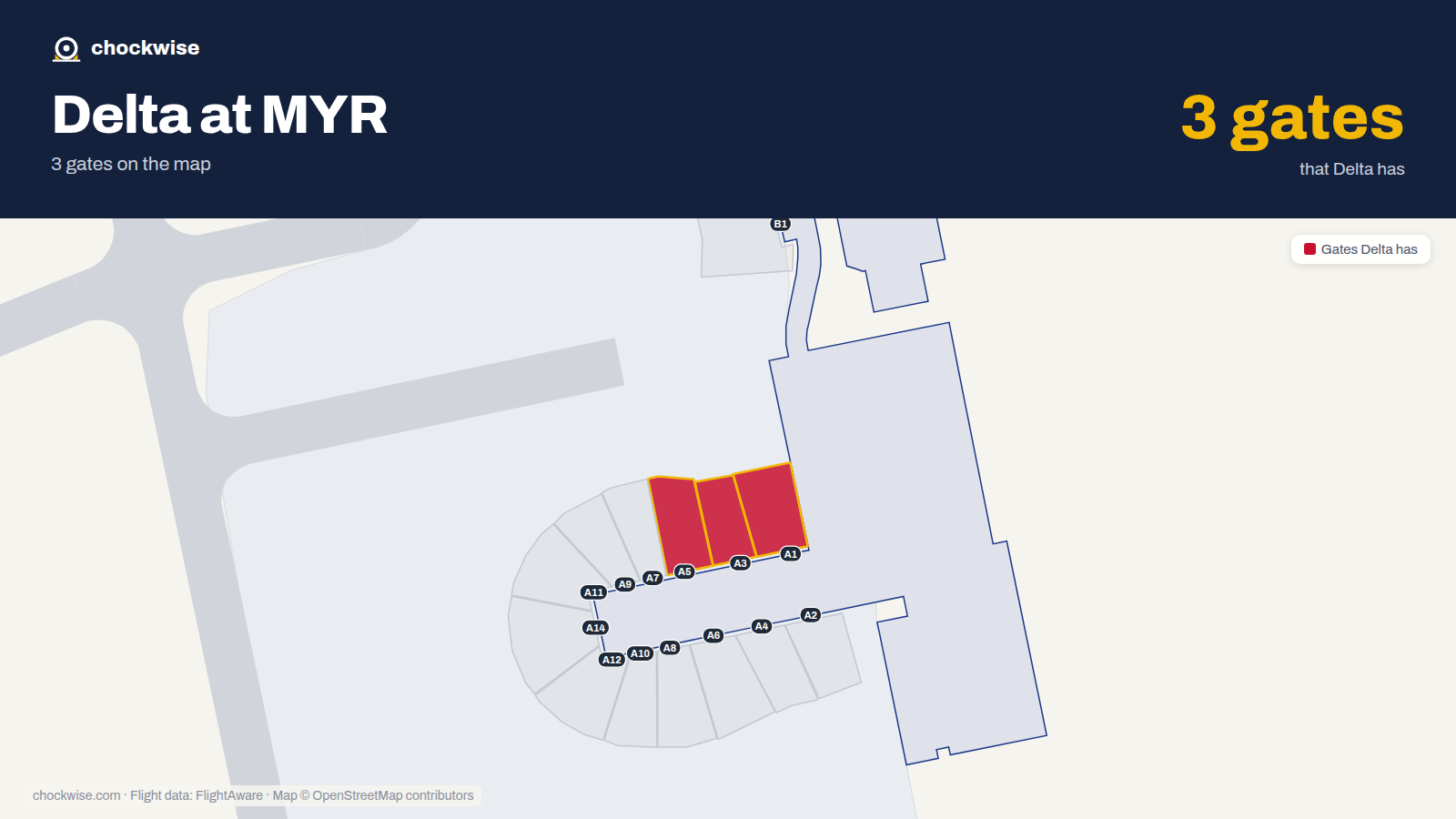 Map of MYR with the gates Delta Air Lines uses highlighted: A1, A3 and A5.