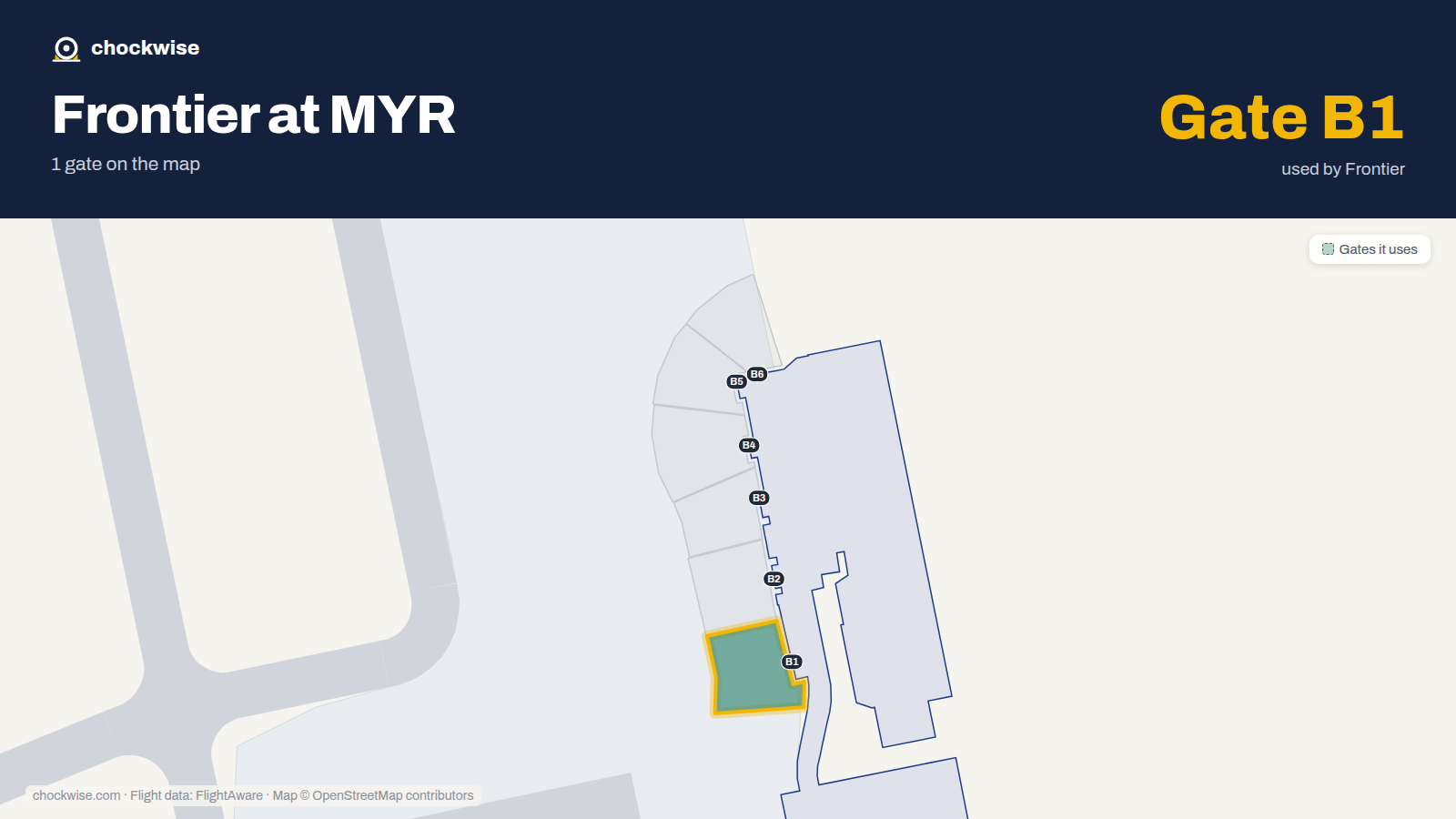 Map of MYR with the gates Frontier Airlines uses highlighted: 1 and B1.