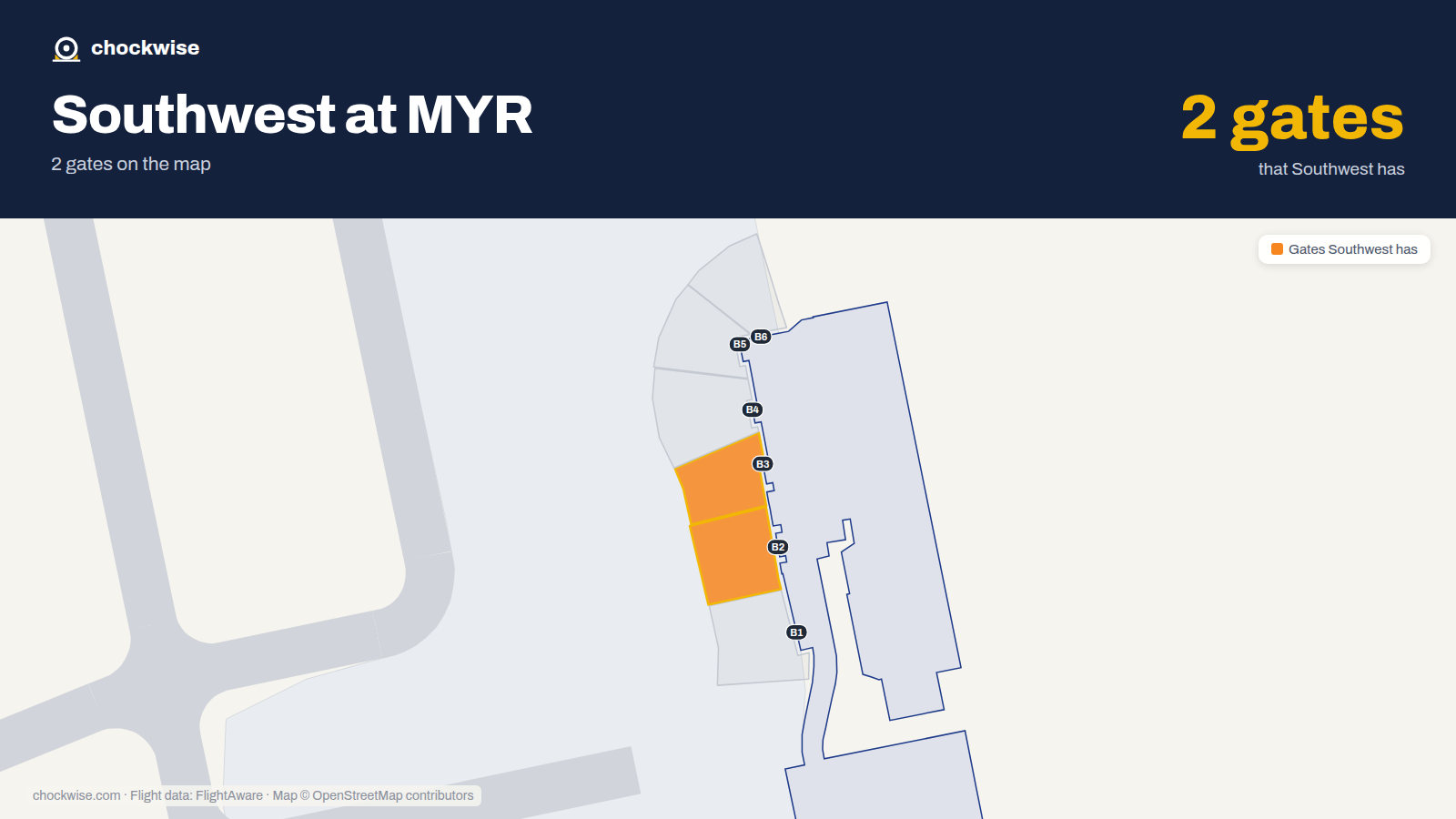 Map of MYR with the gates Southwest Airlines uses highlighted: B2 and B3.