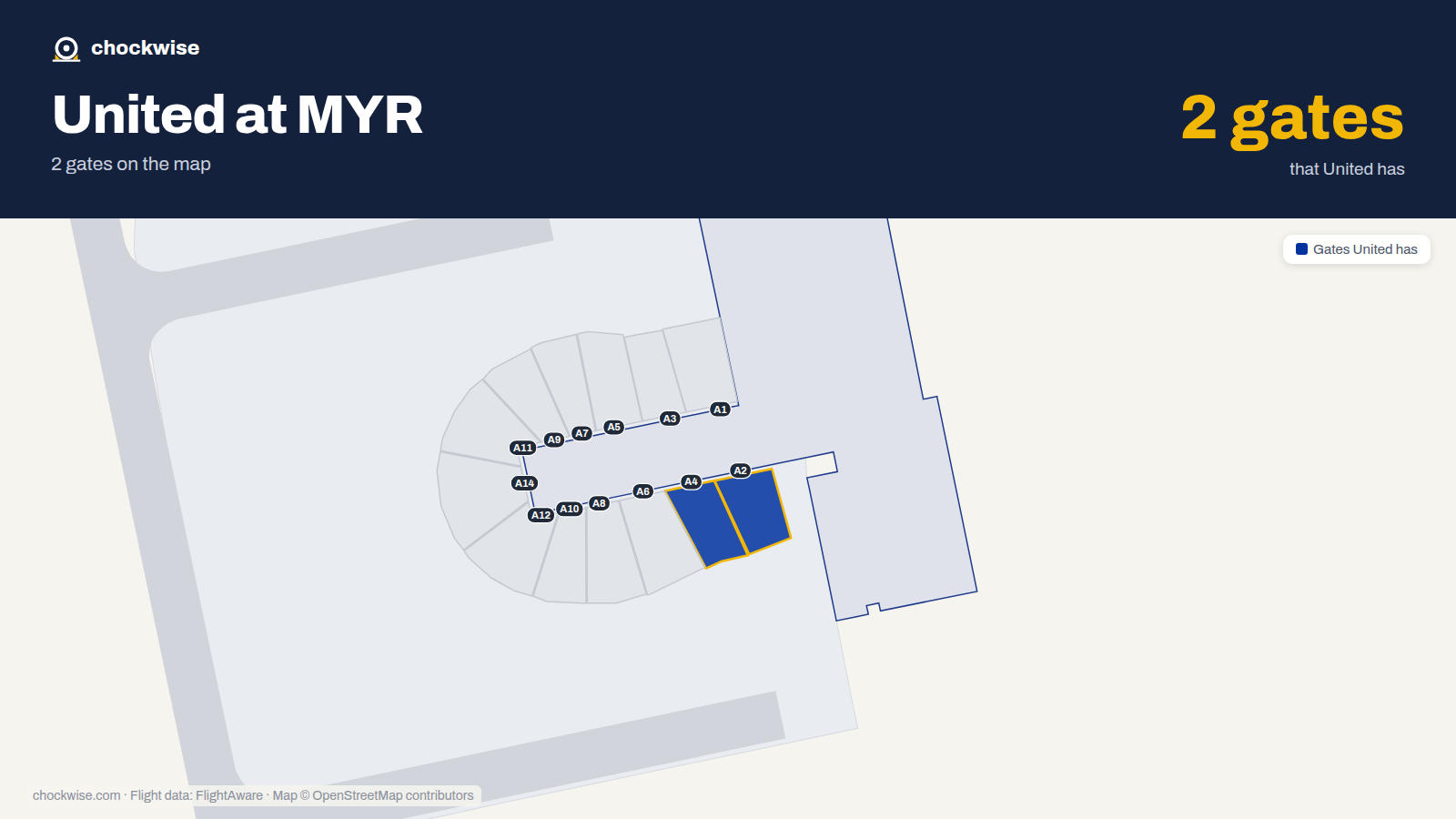 Map of MYR with the gates United Airlines uses highlighted: A2 and A4.