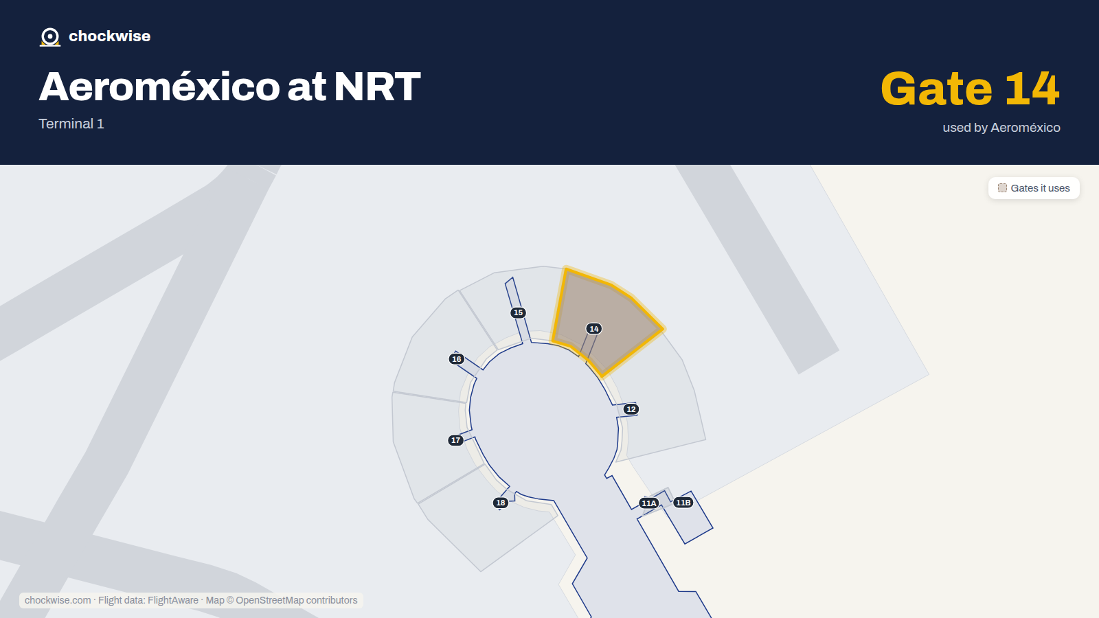 Map of NRT with the gates Aeroméxico uses highlighted: 14.